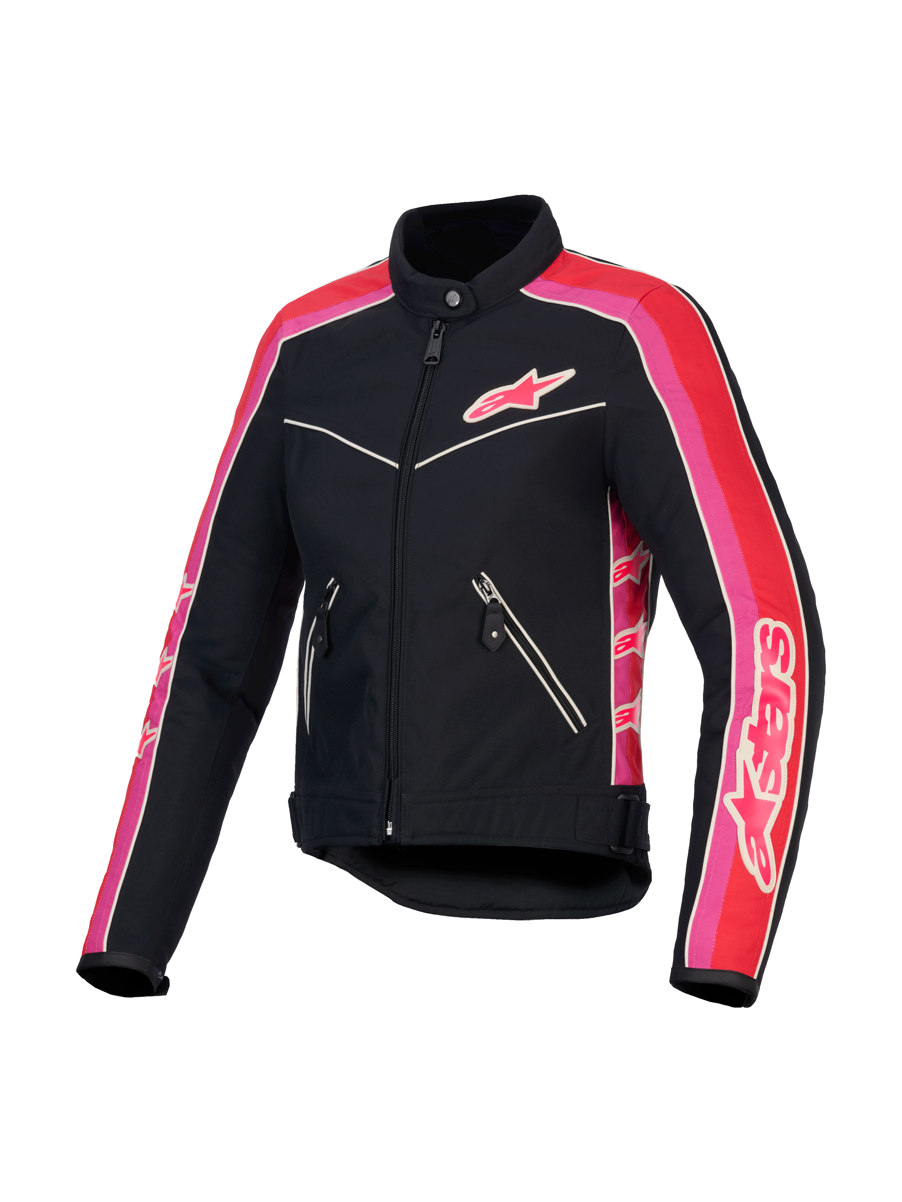 Alpinestars Stella T-Dyno vattenavvisande dammotorcykeljacka, svart, klarröd och fuchsia, CE-certifierad med vintage biker-passform