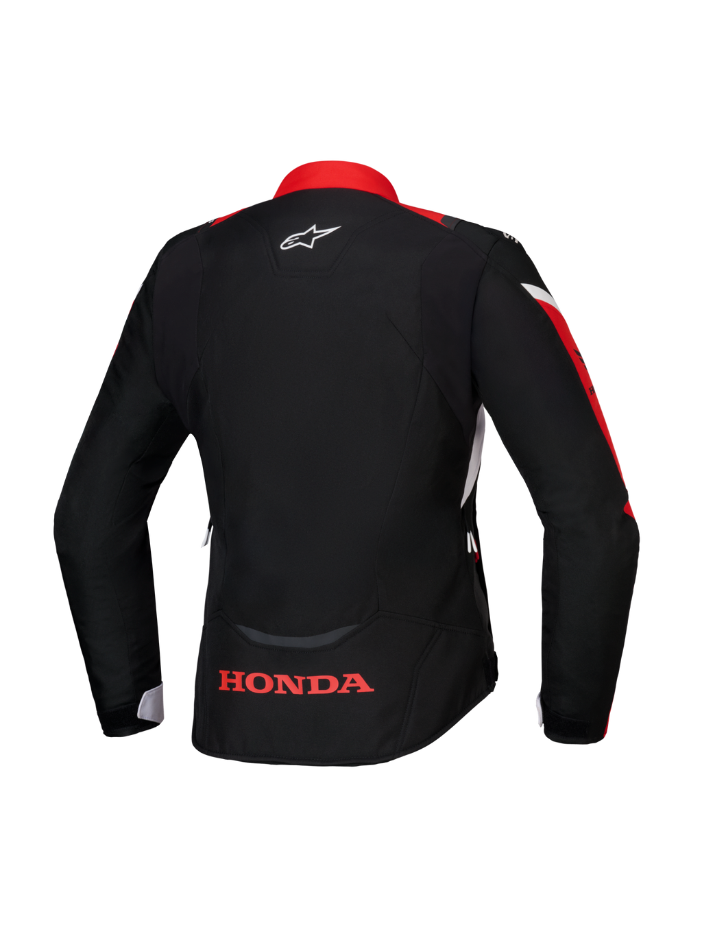 Alpinestars Honda Stella T-Jaws V4 WP-jacka, sedd bakifrån, svart med klarröda och vita detaljer, röd Honda-logotyp på nedre delen av ryggen och vit Alpinestars-logotyp i nacken, vattentät textiljacka för damer i sportmodell