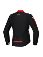 Alpinestars Honda Stella T-Jaws V4 WP-jacka, sedd bakifrån, svart med klarröda och vita detaljer, röd Honda-logotyp på nedre delen av ryggen och vit Alpinestars-logotyp i nacken, vattentät textiljacka för damer i sportmodell