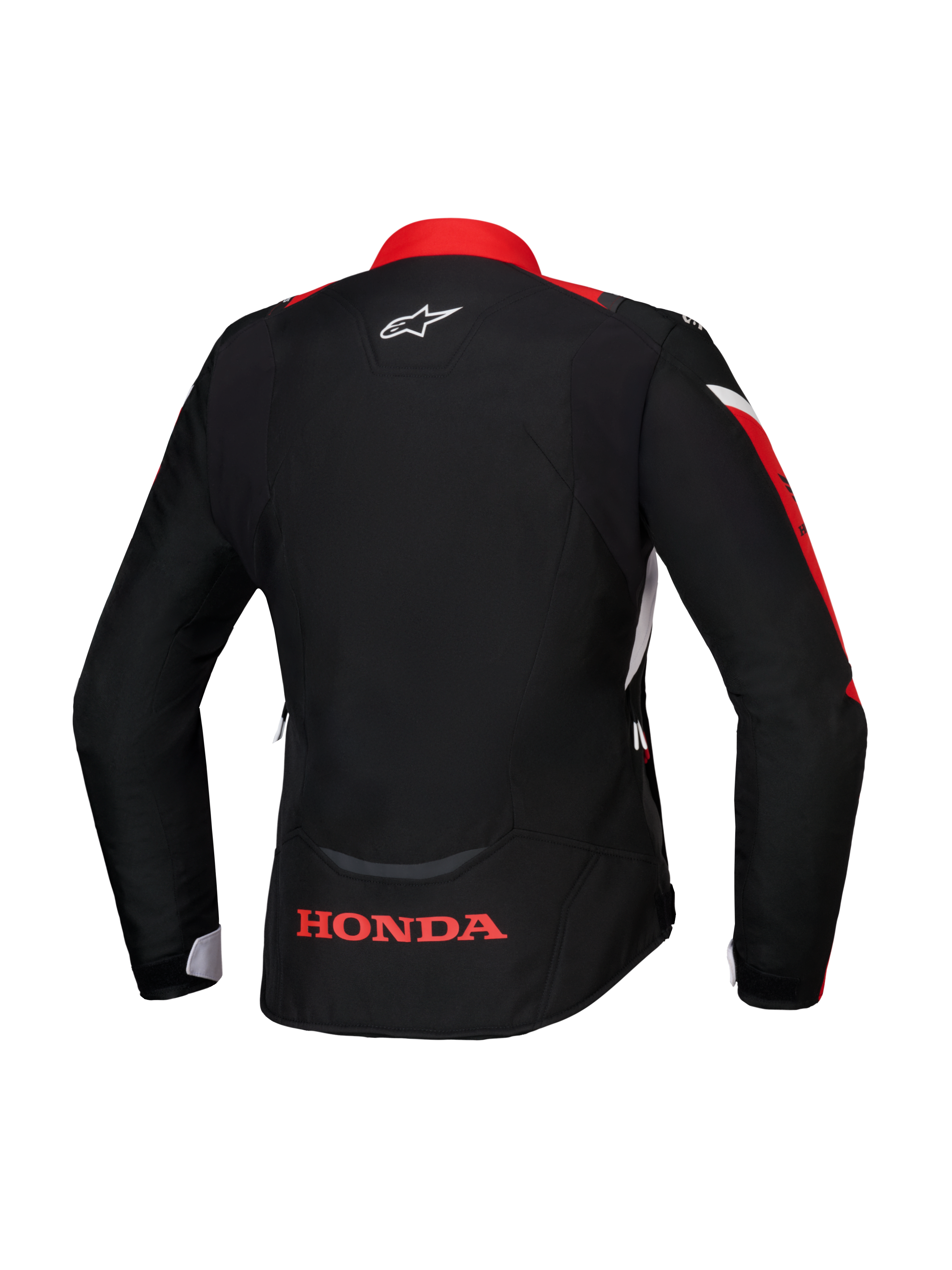 Alpinestars Honda Stella T-Jaws V4 WP-jacka, sedd bakifrån, svart med klarröda och vita detaljer, röd Honda-logotyp på nedre delen av ryggen och vit Alpinestars-logotyp i nacken, vattentät textiljacka för damer i sportmodell