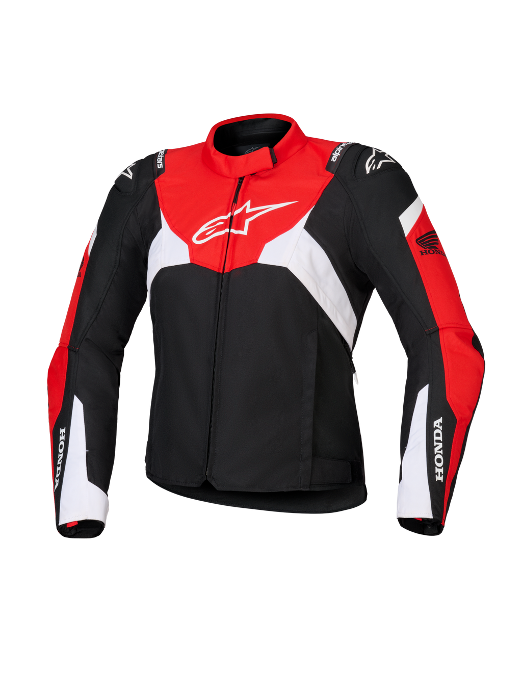 Alpinestars Honda Stella T-Jaws V4 WP-jacka för dam, vattentät sportmotorcykeljacka för dam, svart med klaröda och vita paneler, med Honda-logotyp på ärmarna och vit Alpinestars-logotyp på bröstet, teknisk textilkonstruktion med en sportig siluett