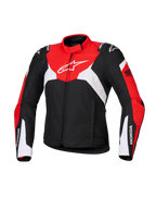 Alpinestars Honda Stella T-Jaws V4 WP-jacka för dam, vattentät sportmotorcykeljacka för dam, svart med klaröda och vita paneler, med Honda-logotyp på ärmarna och vit Alpinestars-logotyp på bröstet, teknisk textilkonstruktion med en sportig siluett