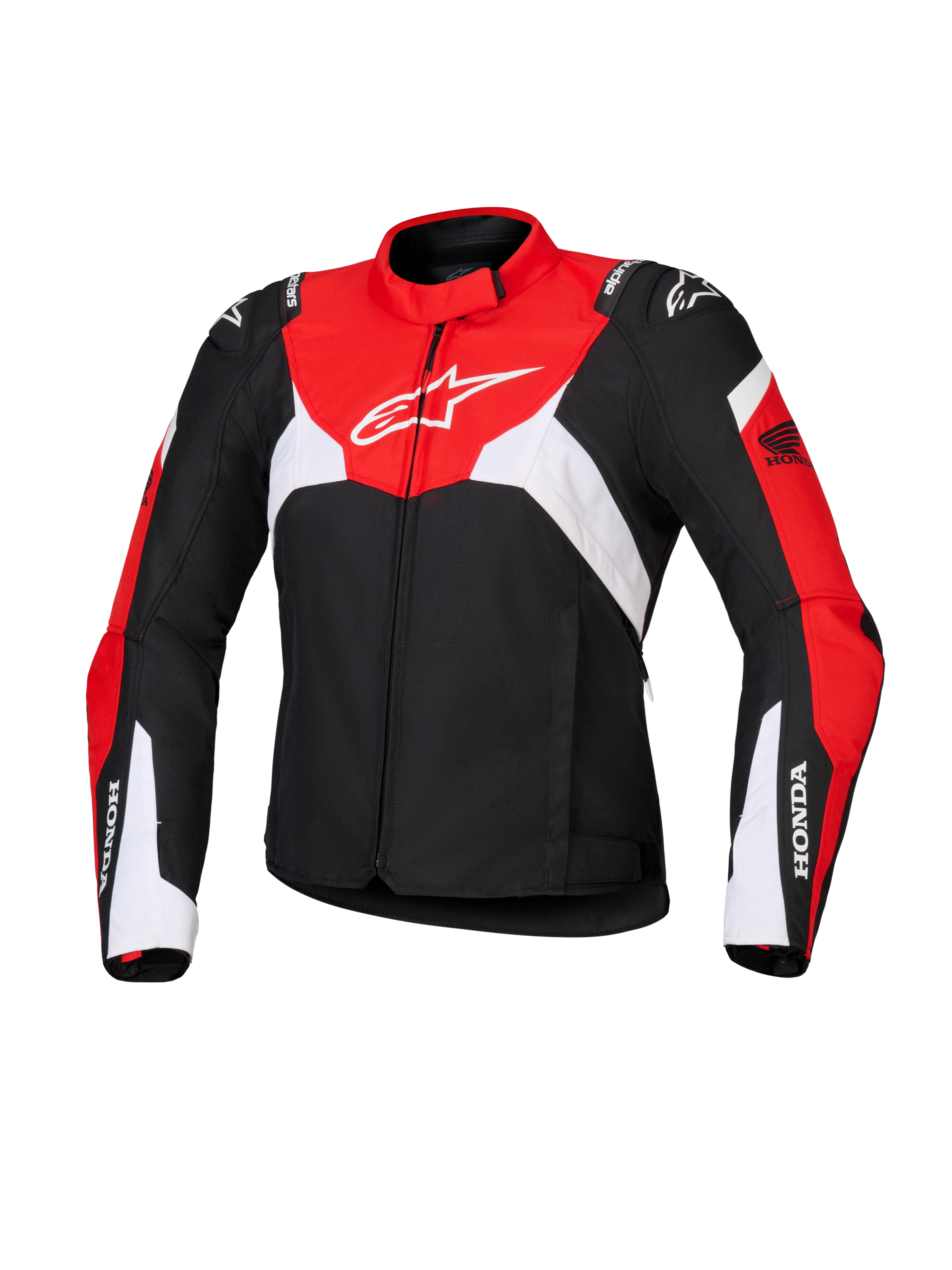 Alpinestars Honda Stella T-Jaws V4 WP-jacka för dam, vattentät sportmotorcykeljacka för dam, svart med klaröda och vita paneler, med Honda-logotyp på ärmarna och vit Alpinestars-logotyp på bröstet, teknisk textilkonstruktion med en sportig siluett
