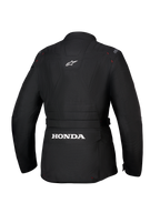 Alpinestars Honda Stella ST-1 WP-jacka, vattentät motorcykeljacka för damer, svart, baksida som visar stor vit Honda-logotyp på den nedre cargofickan bak, Alpinestars-logotyp på övre delen av ryggen, teknisk textilkonstruktion med adventure touring-silhuett och röda sömdetaljer.