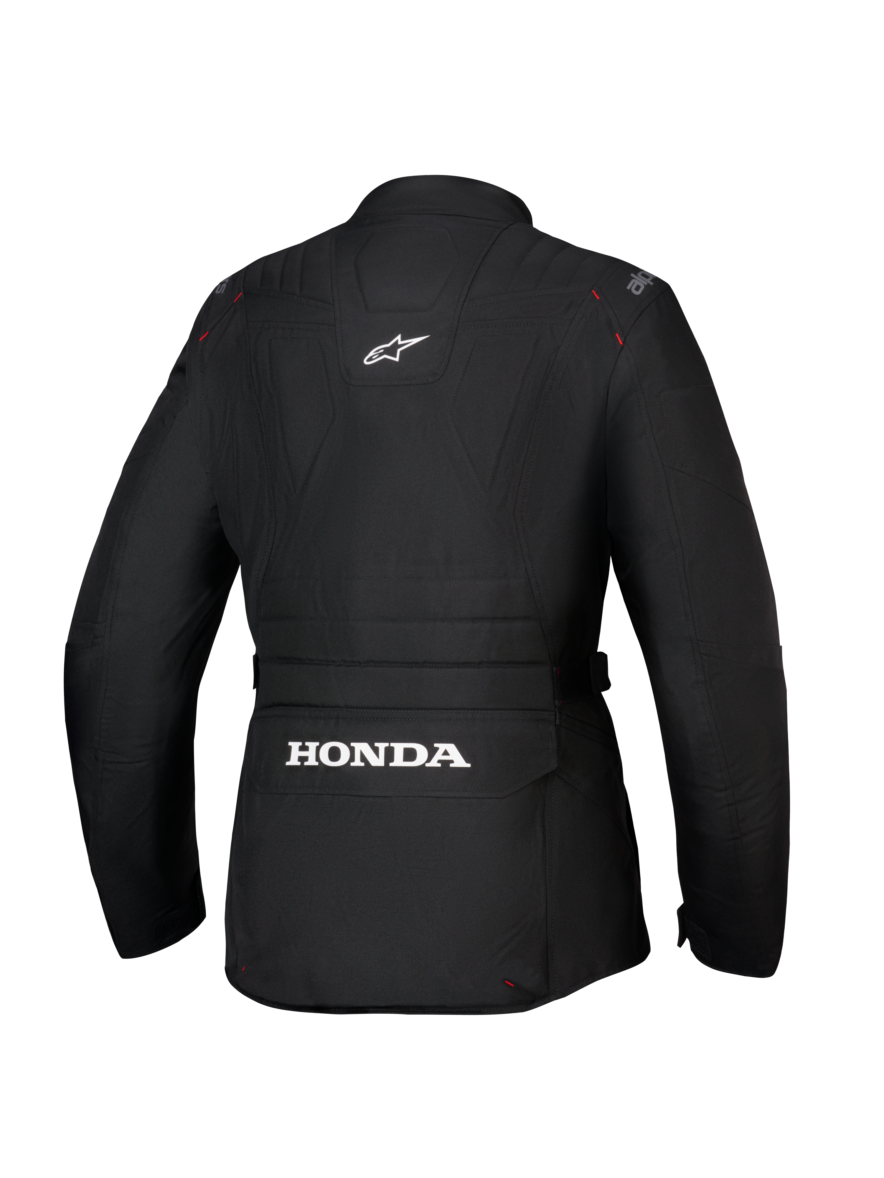 Alpinestars Honda Stella ST-1 WP-jacka, vattentät motorcykeljacka för damer, svart, baksida som visar stor vit Honda-logotyp på den nedre cargofickan bak, Alpinestars-logotyp på övre delen av ryggen, teknisk textilkonstruktion med adventure touring-silhuett och röda sömdetaljer.