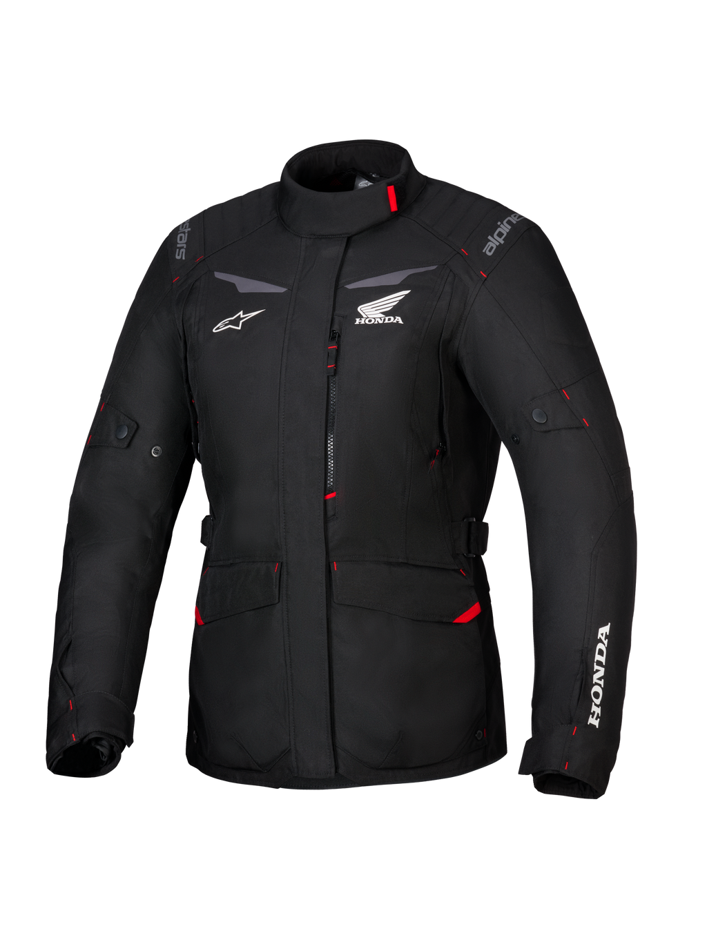 Alpinestars Honda Stella ST-1 WP-jacka, vattentät touringjacka för dam, svart med röda accenter och vita Honda-logotyper, hög krage, dragkedja fram, expanderbara cargofickor, slitstark textilutrustning för adventure-körning