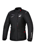 Alpinestars Honda Stella ST-1 WP-jacka, vattentät touringjacka för dam, svart med röda accenter och vita Honda-logotyper, hög krage, dragkedja fram, expanderbara cargofickor, slitstark textilutrustning för adventure-körning