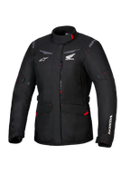 Alpinestars Honda Stella ST-1 WP-jacka, vattentät touringjacka för dam, svart med röda accenter och vita Honda-logotyper, hög krage, dragkedja fram, expanderbara cargofickor, slitstark textilutrustning för adventure-körning