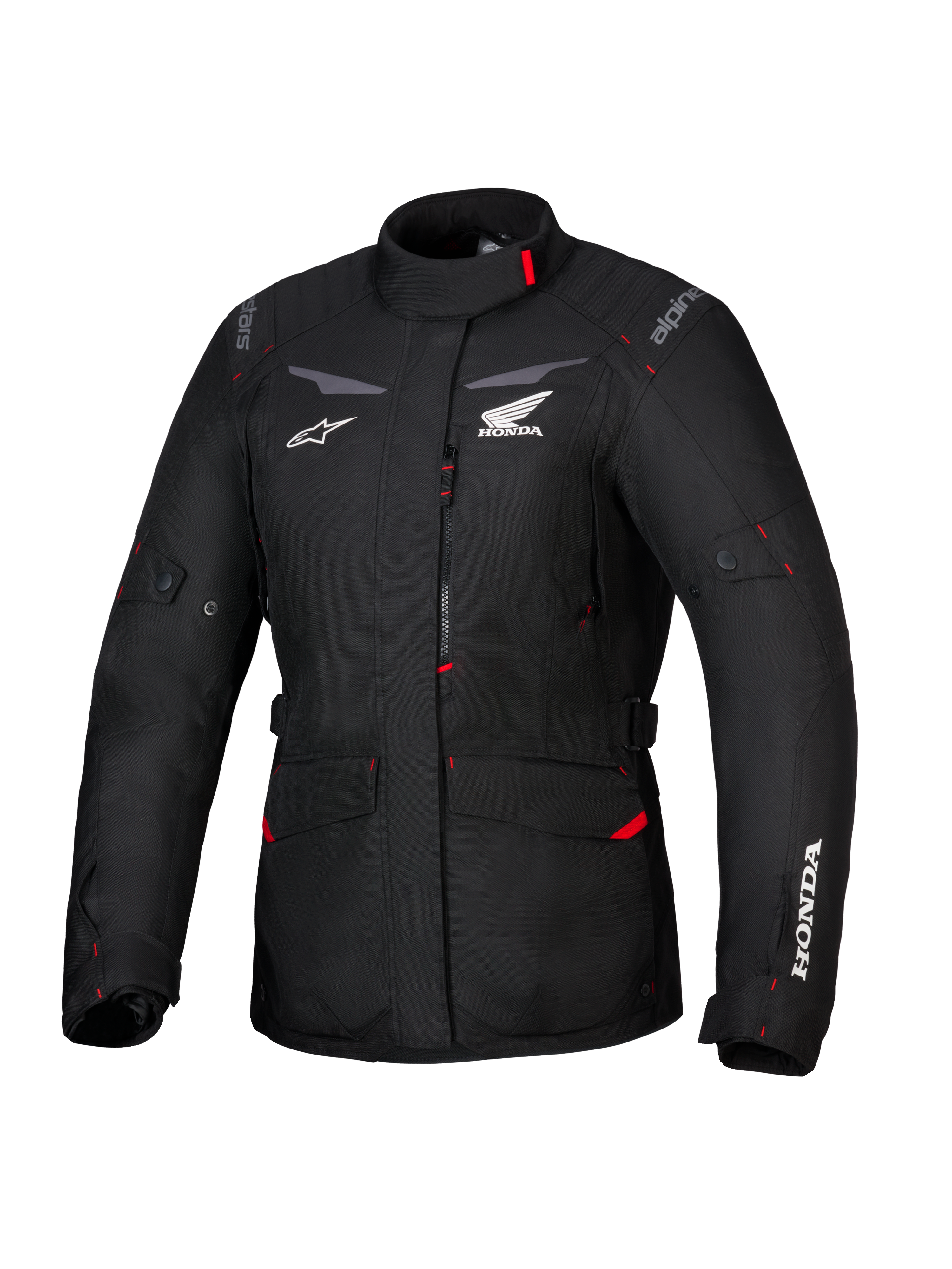 Alpinestars Honda Stella ST-1 WP-jacka, vattentät touringjacka för dam, svart med röda accenter och vita Honda-logotyper, hög krage, dragkedja fram, expanderbara cargofickor, slitstark textilutrustning för adventure-körning
