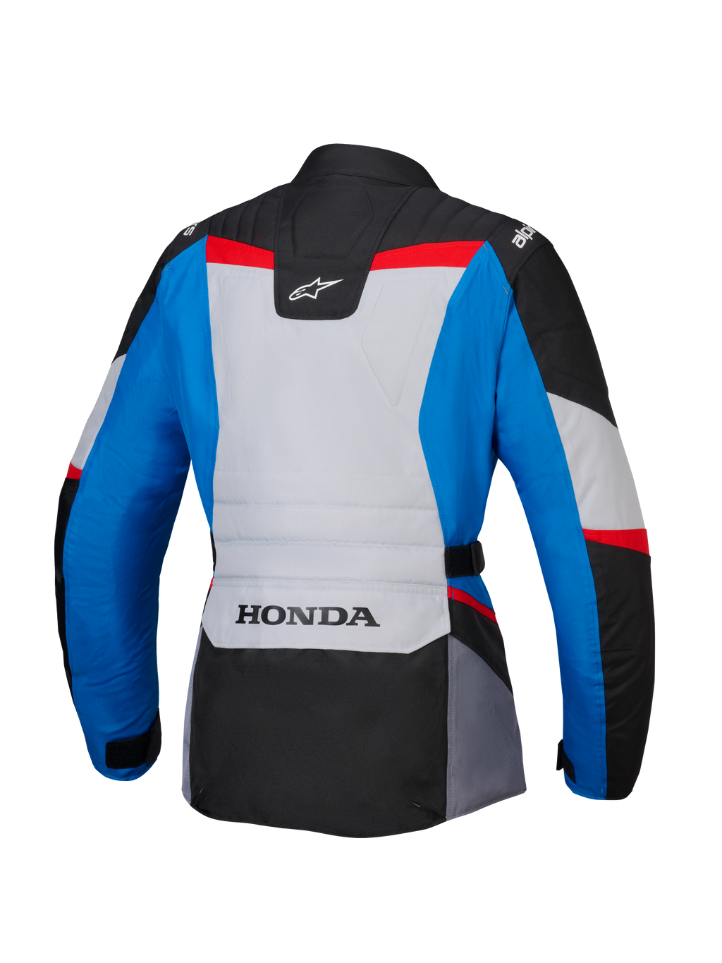 Alpinestars Honda Woman Stella ST-1 WP-jacka, sedd bakifrån, adventure-touringmotorcykeljacka i blått, isgrått och svart med röda detaljer, med HONDA-logotyp på nedre ryggen och Alpinestars-logotyper på axlarna och övre ryggen.