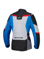 Alpinestars Honda Woman Stella ST-1 WP-jacka, sedd bakifrån, adventure-touringmotorcykeljacka i blått, isgrått och svart med röda detaljer, med HONDA-logotyp på nedre ryggen och Alpinestars-logotyper på axlarna och övre ryggen.