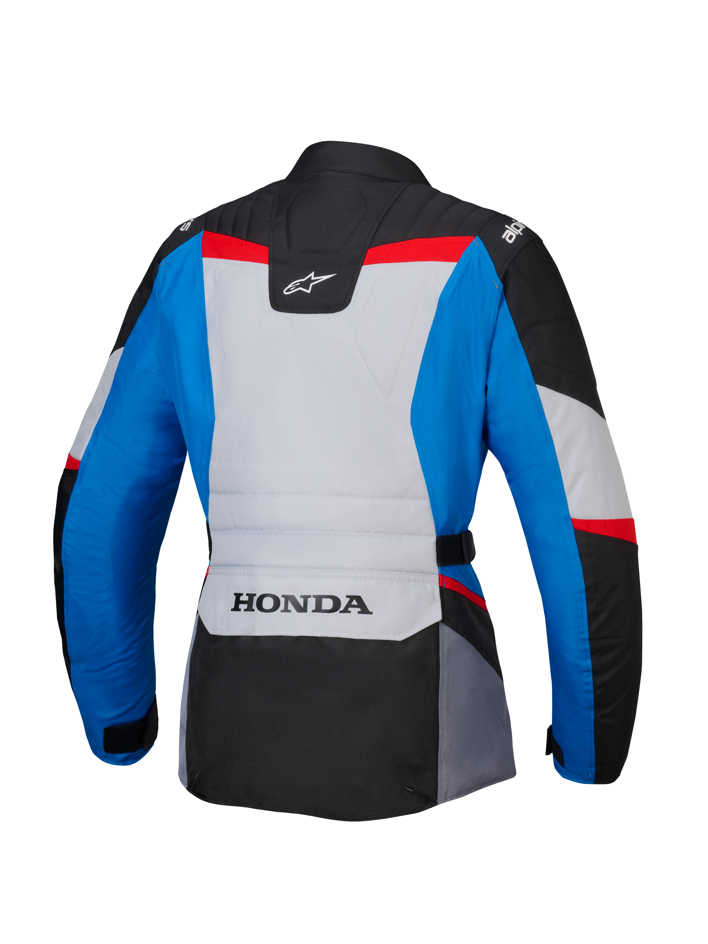 Alpinestars Honda Woman Stella ST-1 WP-jacka, sedd bakifrån, adventure-touringmotorcykeljacka i blått, isgrått och svart med röda detaljer, med HONDA-logotyp på nedre ryggen och Alpinestars-logotyper på axlarna och övre ryggen.