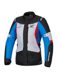 Alpinestars Honda Woman Stella ST-1 WP jacka, vattentät motorcykeljacka för damer, isgrå, blå och svart med röda accenter, hög krage och dragkedja fram, Honda- och Alpinestars-logotyper på bröstet och ärmarna, slitstark adventure-touringjacka i textil