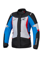 Alpinestars Honda Woman Stella ST-1 WP jacka, vattentät motorcykeljacka för damer, isgrå, blå och svart med röda accenter, hög krage och dragkedja fram, Honda- och Alpinestars-logotyper på bröstet och ärmarna, slitstark adventure-touringjacka i textil