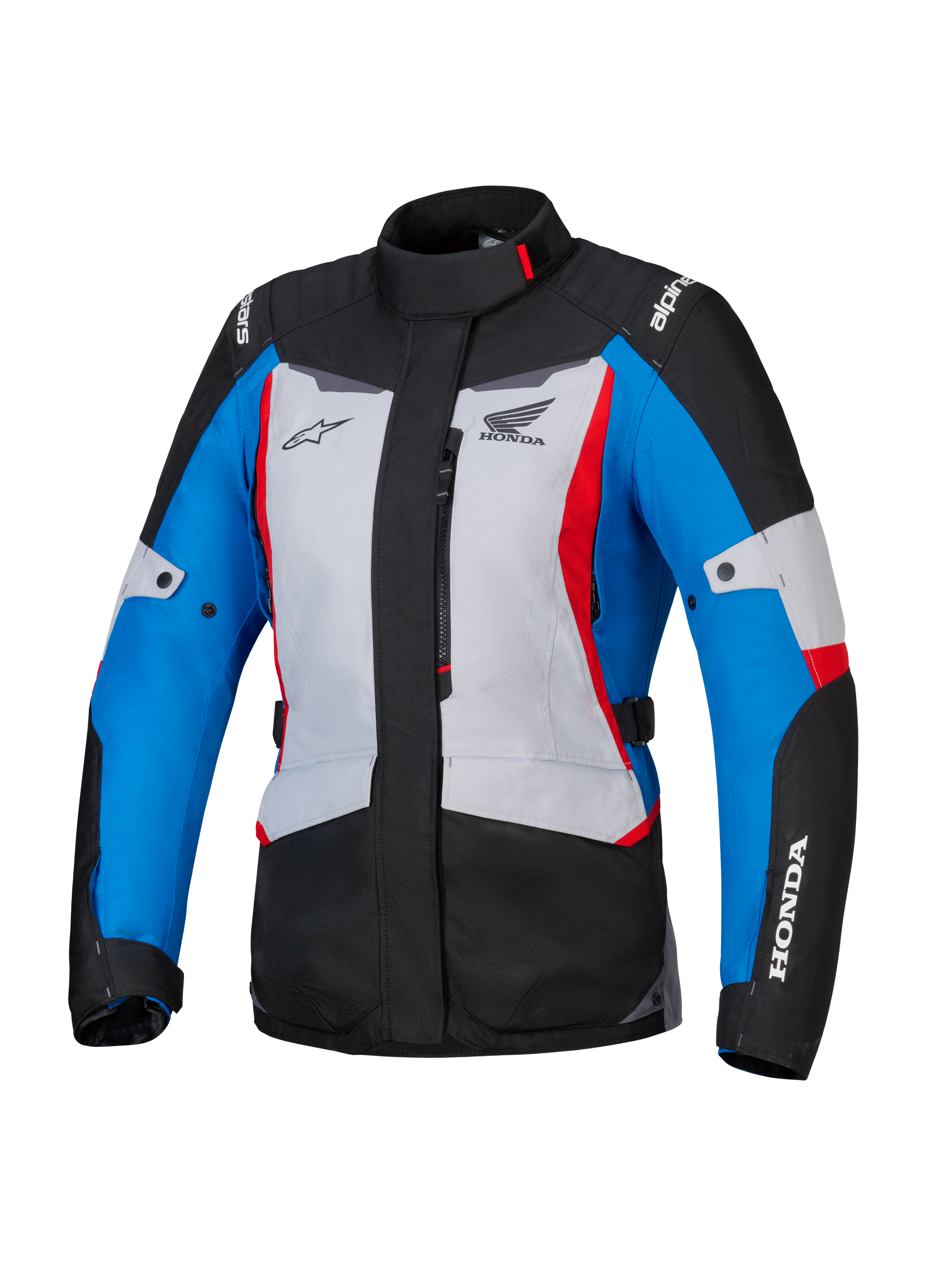 Alpinestars Honda Woman Stella ST-1 WP jacka, vattentät motorcykeljacka för damer, isgrå, blå och svart med röda accenter, hög krage och dragkedja fram, Honda- och Alpinestars-logotyper på bröstet och ärmarna, slitstark adventure-touringjacka i textil