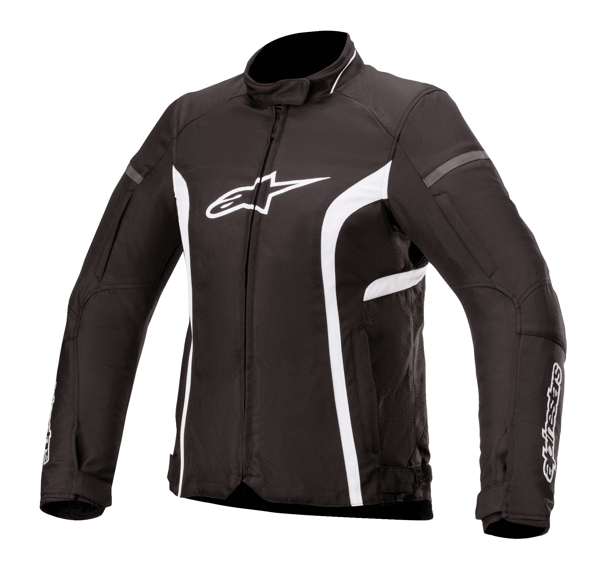 Alpinestars Stella T-Kira V2 Waterproof Jacket, Women's Textile Motorcycle Jacket, Black and White, featuring a high collar, central zipper, white chest logo, and curved white stripes on the sides, sporty road-riding design.