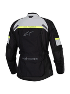 Alpinestars Stella Bogota' Pro Drystar® Jacket, Rear View, Black with Ice Gray and Yellow Fluo highlights, Women's Adventure Touring Motorcycle Jacket featuring Tech Touring branding and a large lower back utility pocket