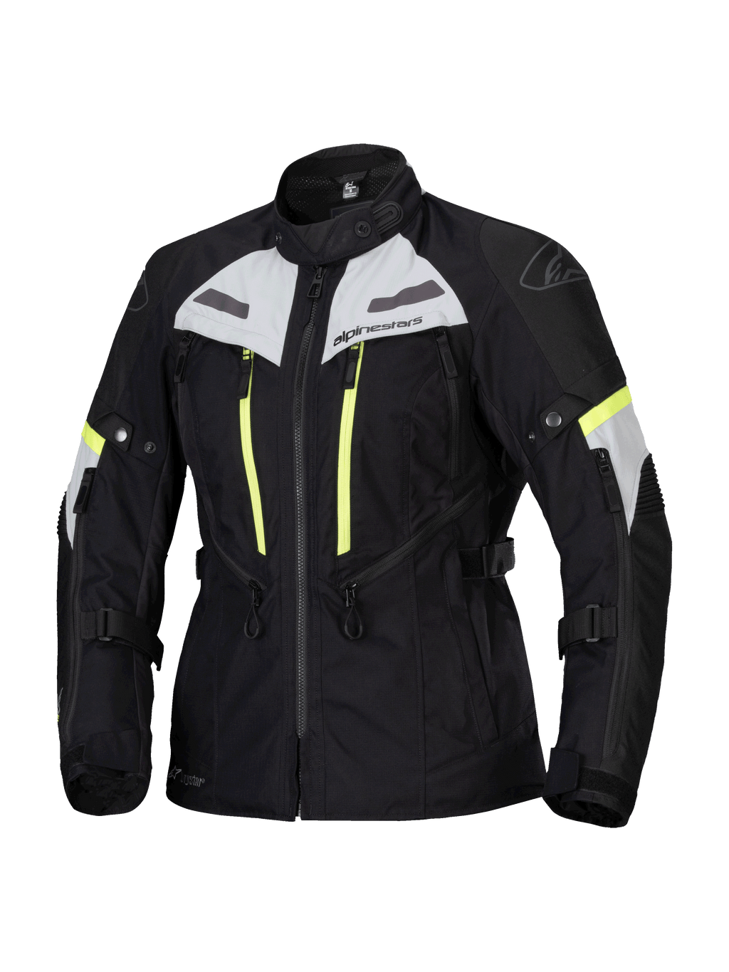 Alpinestars Stella Bogota Pro Drystar Jacket, Women's Motorcycle Touring Jacket, Black with Ice Gray and Yellow Fluo accents, waterproof and breathable textile construction, featuring extensive ventilation zippers and adjustable straps for adventure riding
