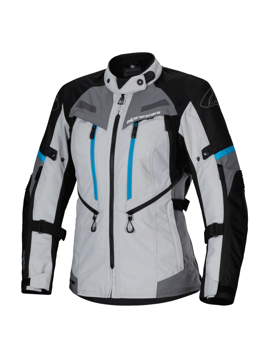 Alpinestars Stella Bogota' Pro Drystar® Jacket, Women's Adventure Touring Jacket, Ice Gray Black and Cyan, featuring waterproof Drystar® membrane, dual vertical blue chest zippers, adjustable arm and waist straps, and reinforced protective panels
