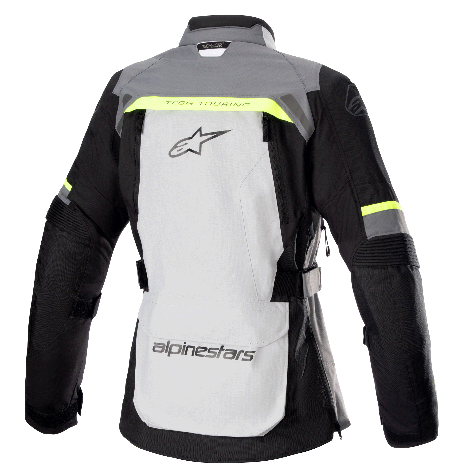 Alpinestars Stella Bogota' Pro Drystar®-jacka för dam, baksida, isgrå och mörkgrå med fluorescerande gula detaljer, har en stor logotyp på ryggen, texten 'Tech Touring', vertikala ventilationsdragkedjor och förstärkta dragspelspaneler på armbågarna.