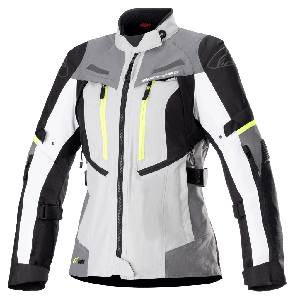 Alpinestars Stella Bogota Pro Drystar jacka för damer, touringjacka för motorcykel, isgrå och mörkgrå med vita och neongula detaljer, vattentät textilkonstruktion med justerbara remmar och ventilationsdragkedjor, frontvy på vit bakgrund