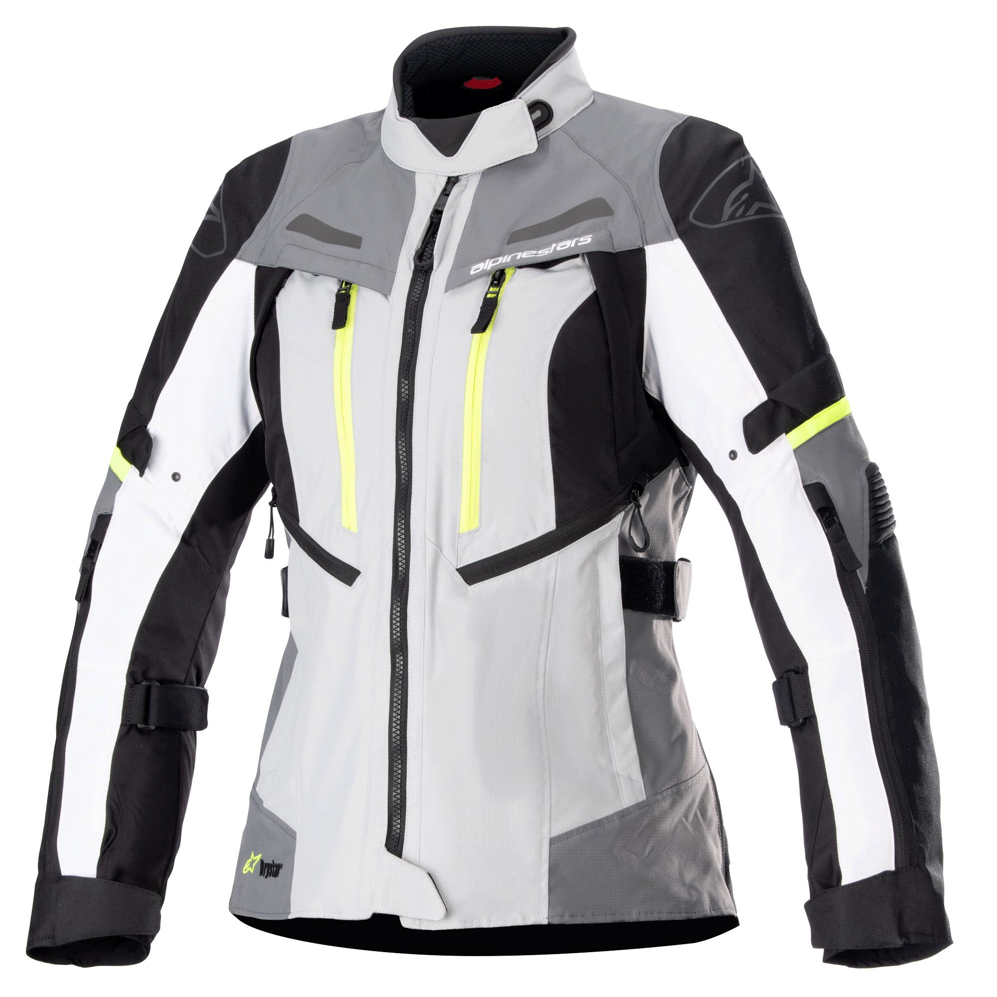 Alpinestars Stella Bogota Pro Drystar jacka för damer, touringjacka för motorcykel, isgrå och mörkgrå med vita och neongula detaljer, vattentät textilkonstruktion med justerbara remmar och ventilationsdragkedjor, frontvy på vit bakgrund