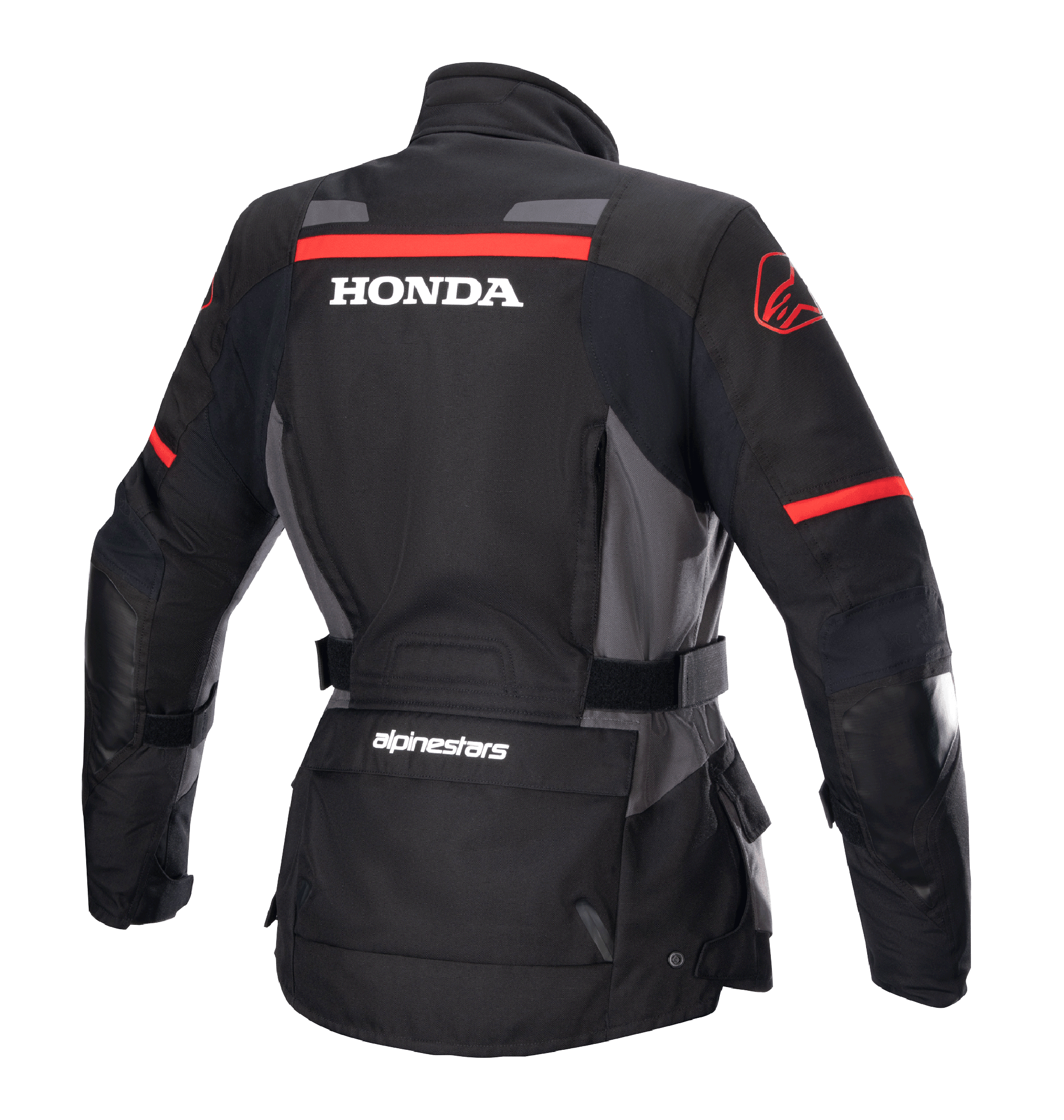 Alpinestars Stella Honda Andes V3 Drystar® jacka för dam, motorcykeljacka för äventyr, svart, grå och klarröd, vy bakifrån med framträdande vit HONDA-logotyp och röd Alpinestars-grafik, vattentät textilkonstruktion med justerbar midja och praktiska fickor
