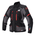 Alpinestars Stella Honda Andes V3 Drystar damjacka, motorcykeljacka för touring, svart och grå med klarröda detaljer, Honda Wing-logotyp på bröstet, röda dragkedjor, justerbara remmar i midja och på ärmar, samt slitstark vattentät konstruktion
