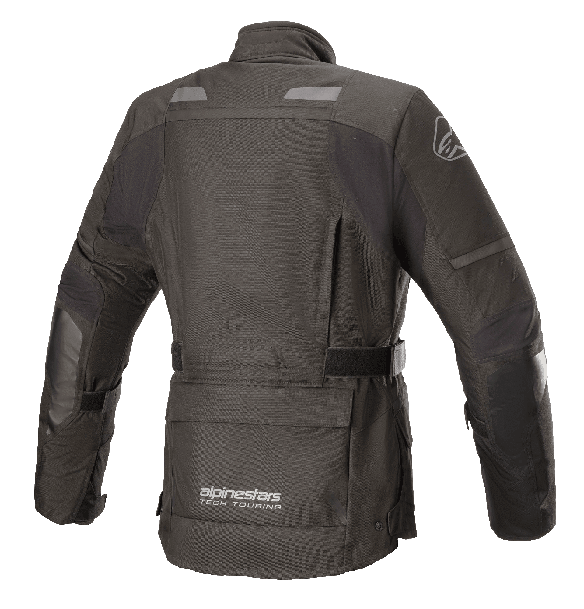 Alpinestars Stella Andes V3 Drystar® damjacka, svart och mörkgrå, baksida med vattentät textilkonstruktion, stor förvaringsficka på nedre delen av ryggen, justerbar midjerem och reflekterande säkerhetsdetaljer.