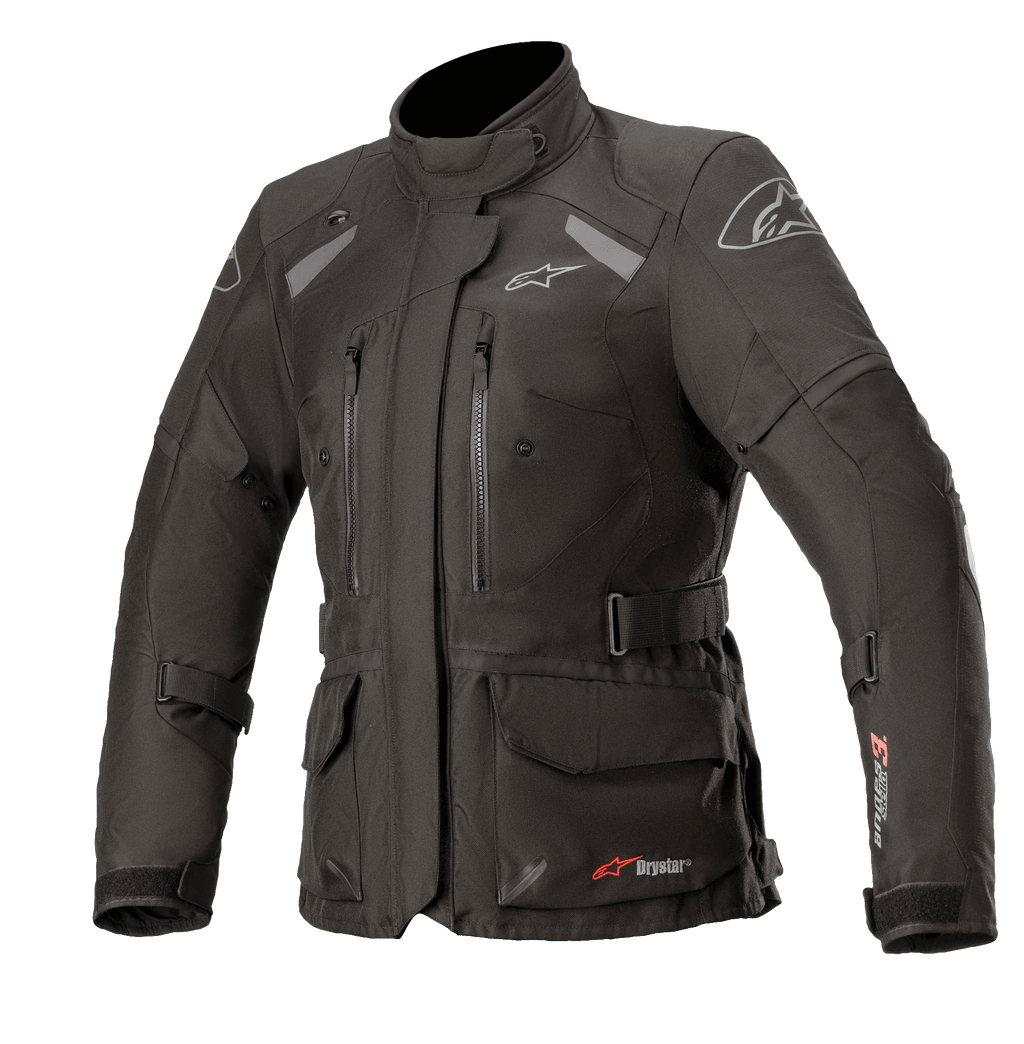 Alpinestars Stella Andes V3 Drystar damjacka, svart mörkgrå, adventure touring-motorcykeljacka, vattentät textilkonstruktion med flera cargo- och bröstfickor, justerbart midjebälte, hög krage och reflekterande detaljer för väderskydd i alla väder