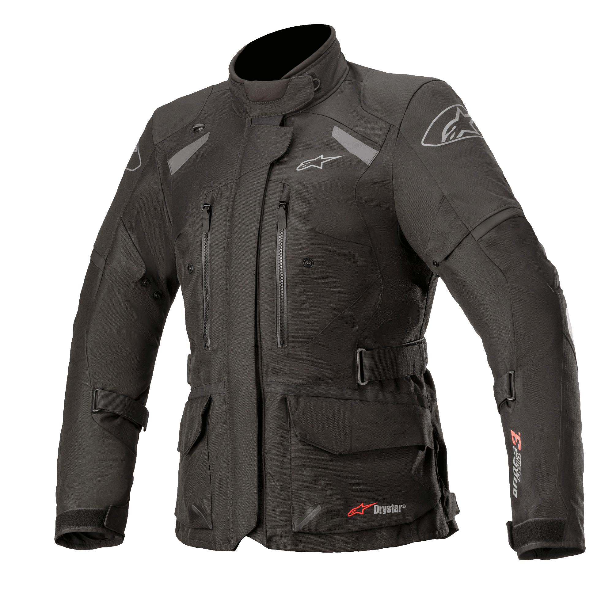 Alpinestars Stella Andes V3 Drystar damjacka, svart mörkgrå, adventure touring-motorcykeljacka, vattentät textilkonstruktion med flera cargo- och bröstfickor, justerbart midjebälte, hög krage och reflekterande detaljer för väderskydd i alla väder