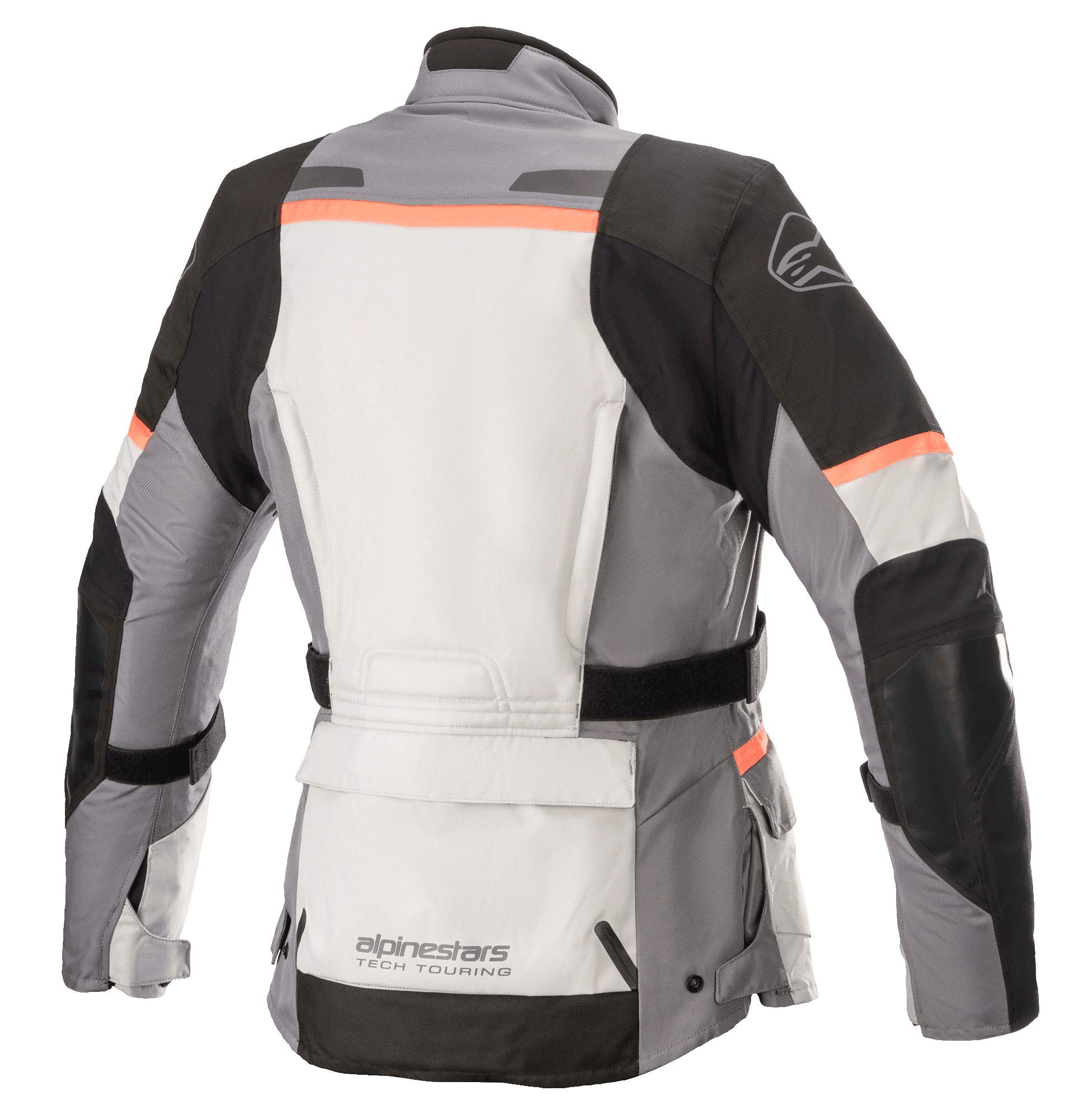 Alpinestars Stella Andes V3 Drystar® damjacka, motorcykeljacka, isgrå, mörkgrå, svart och korall, vy bakifrån med en stor förvaringsficka i ländryggen, justerbart midjebälte och korallfärgade detaljer på axlar och rygg.
