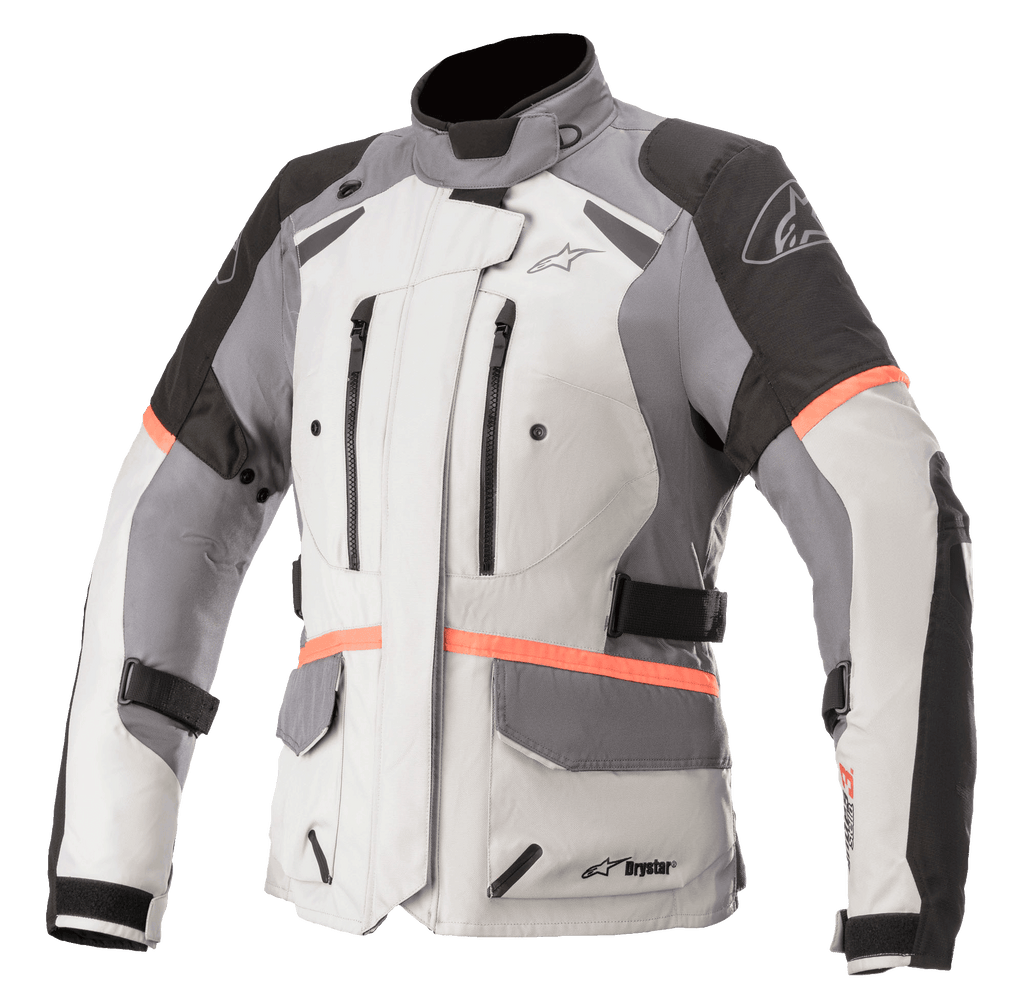 Alpinestars Stella Andes V3 Drystar motorcykeljacka för damer, touringjacka, isgrå med mörkgrå och svarta paneler, korallfärgade detaljer, bröstventiler med dragkedja, stora fickor med lock och justerbara midjeremmar, teknisk textilkonstruktion för äventyrskörning i alla väder
