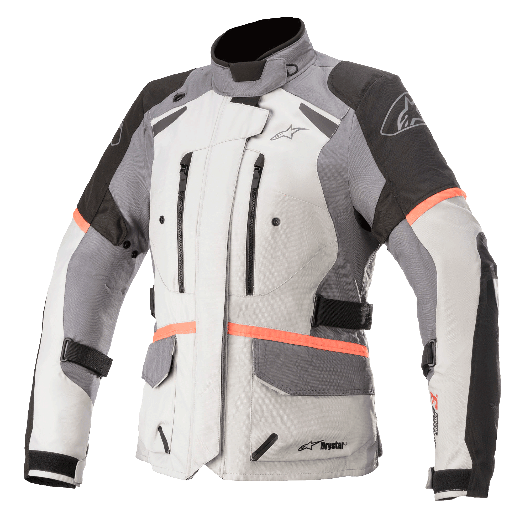 Alpinestars Stella Andes V3 Drystar motorcykeljacka för damer, touringjacka, isgrå med mörkgrå och svarta paneler, korallfärgade detaljer, bröstventiler med dragkedja, stora fickor med lock och justerbara midjeremmar, teknisk textilkonstruktion för äventyrskörning i alla väder
