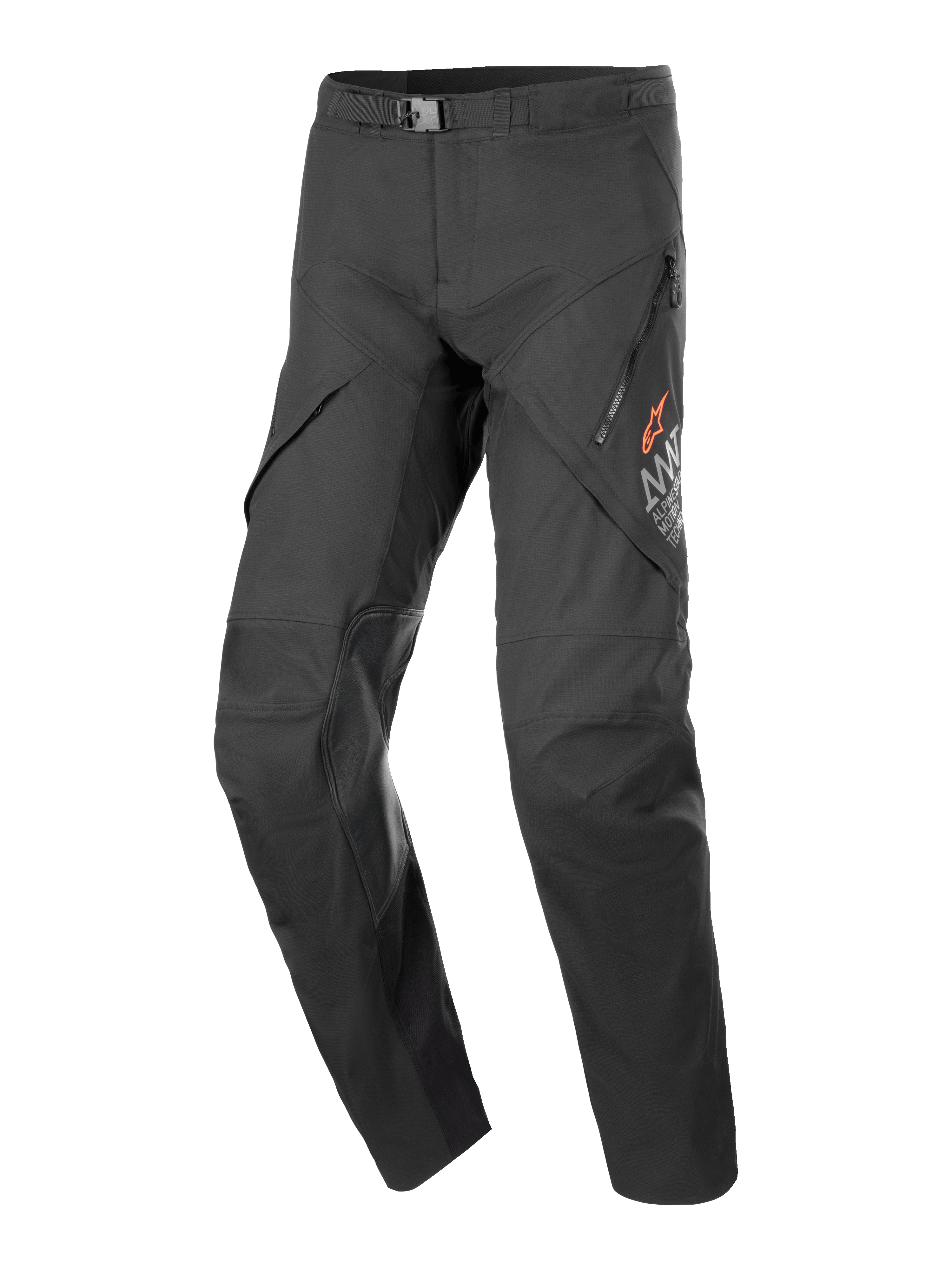 Alpinestars AMT-8 Stretch Drystar XF byxor, svarta touringbyxor för motorcykel, med ventilationsöppningar med dragkedja på låren, orange stjärnlogotyp, justerbart midjespänne och förstärkta knäpaneler, slitstarkt stretchmaterial