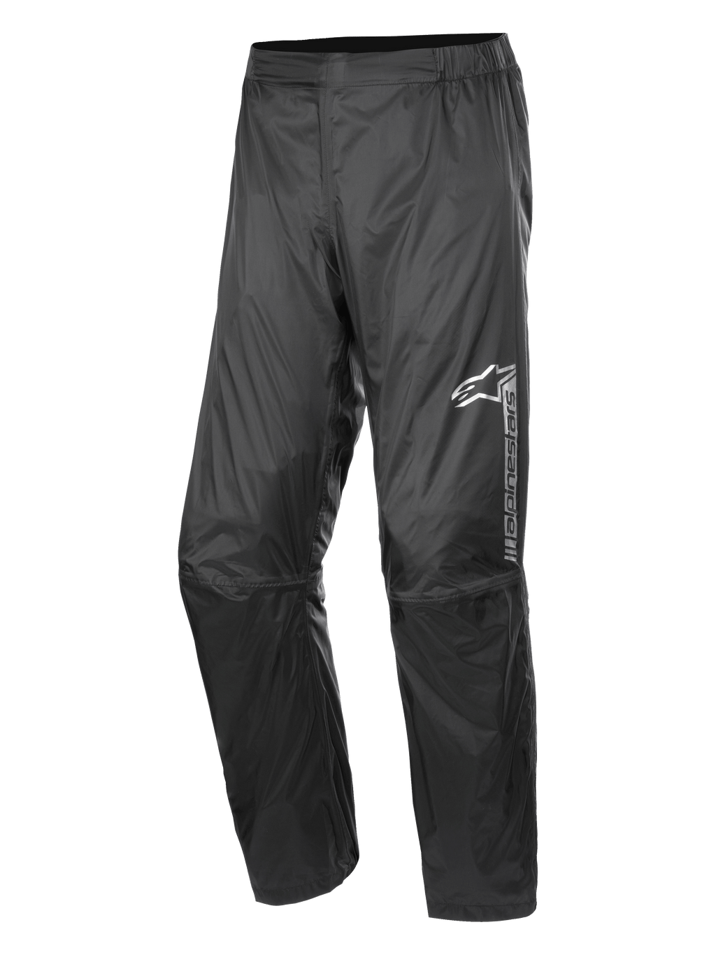Alpinestars Hurricane Rain V2 Pant, vattentäta motorcykelregnbyxor, svarta, med reflekterande logotyp på vänster lår, elastisk midja, ergonomisk knädesign och glänsande vindtåligt laminerat tyg för väg- och äventyrstouring