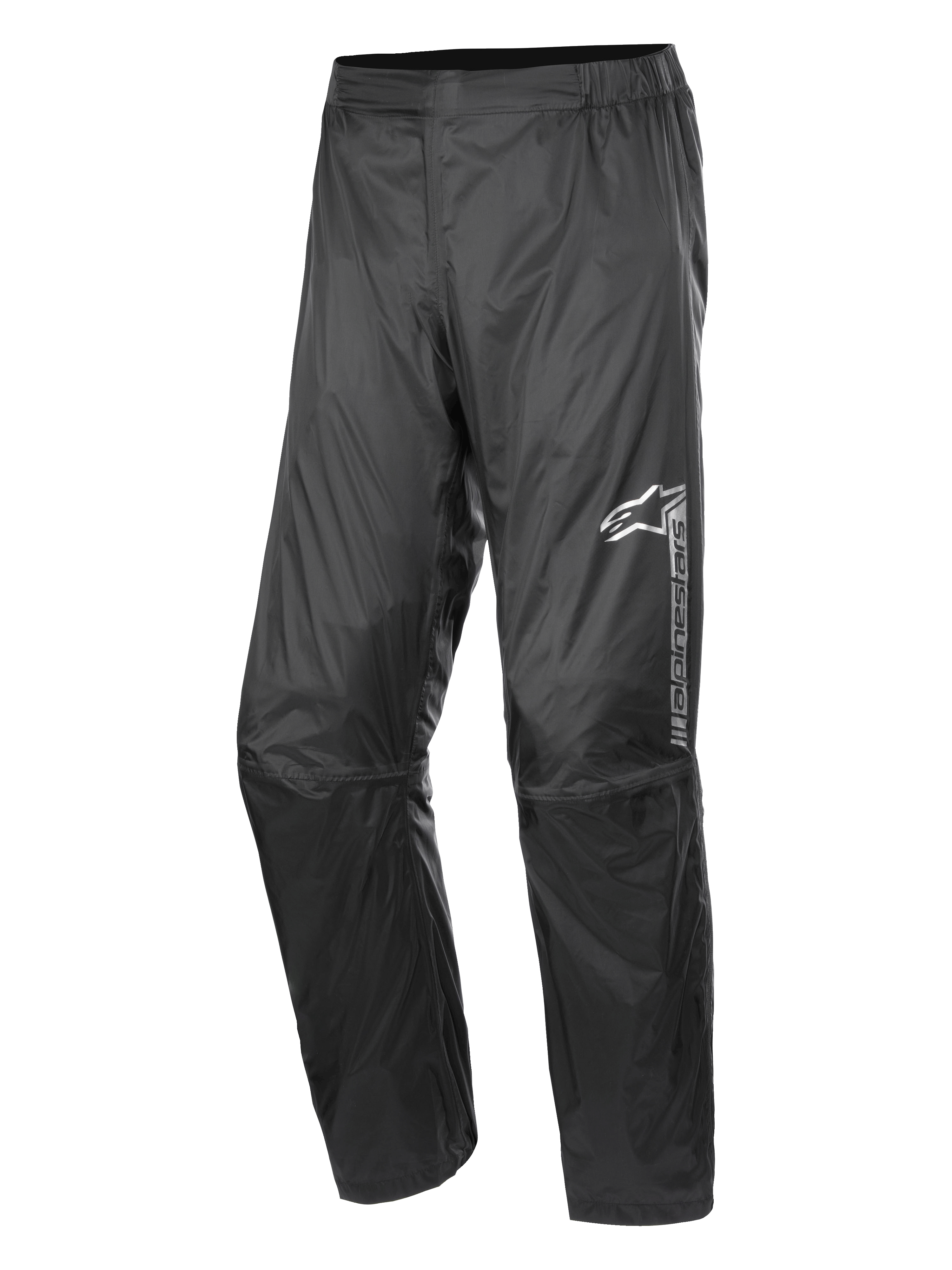 Alpinestars Hurricane Rain V2 Pant, vattentäta motorcykelregnbyxor, svarta, med reflekterande logotyp på vänster lår, elastisk midja, ergonomisk knädesign och glänsande vindtåligt laminerat tyg för väg- och äventyrstouring