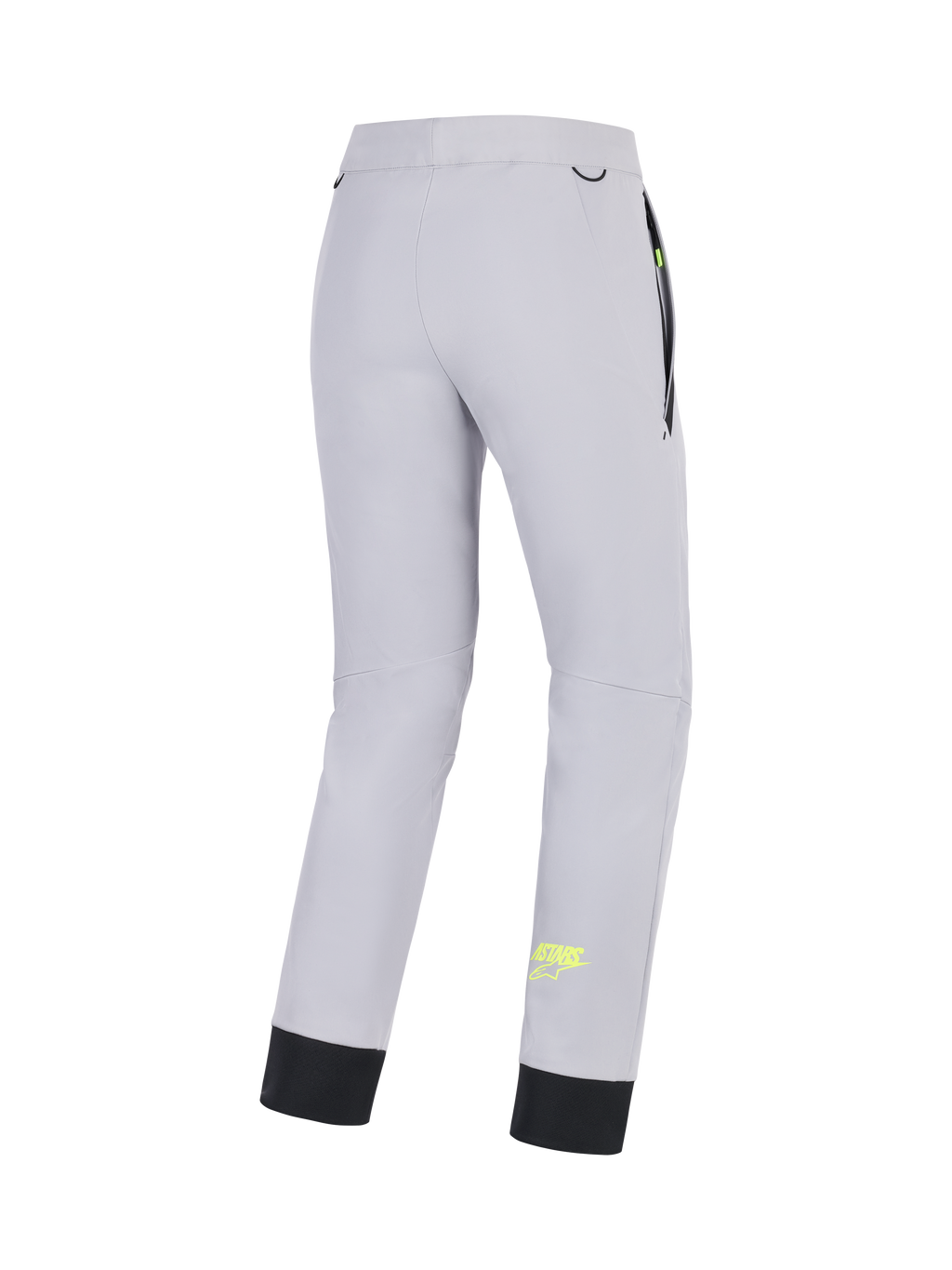 Alpinestars Aeroshell byxor, grå motorcykelbyxor för herr med gula flou-detaljer, baksida som visar stretchkonstruktion och elastisk nedre fåll