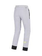 Alpinestars Aeroshell byxor, grå motorcykelbyxor för herr med gula flou-detaljer, baksida som visar stretchkonstruktion och elastisk nedre fåll
