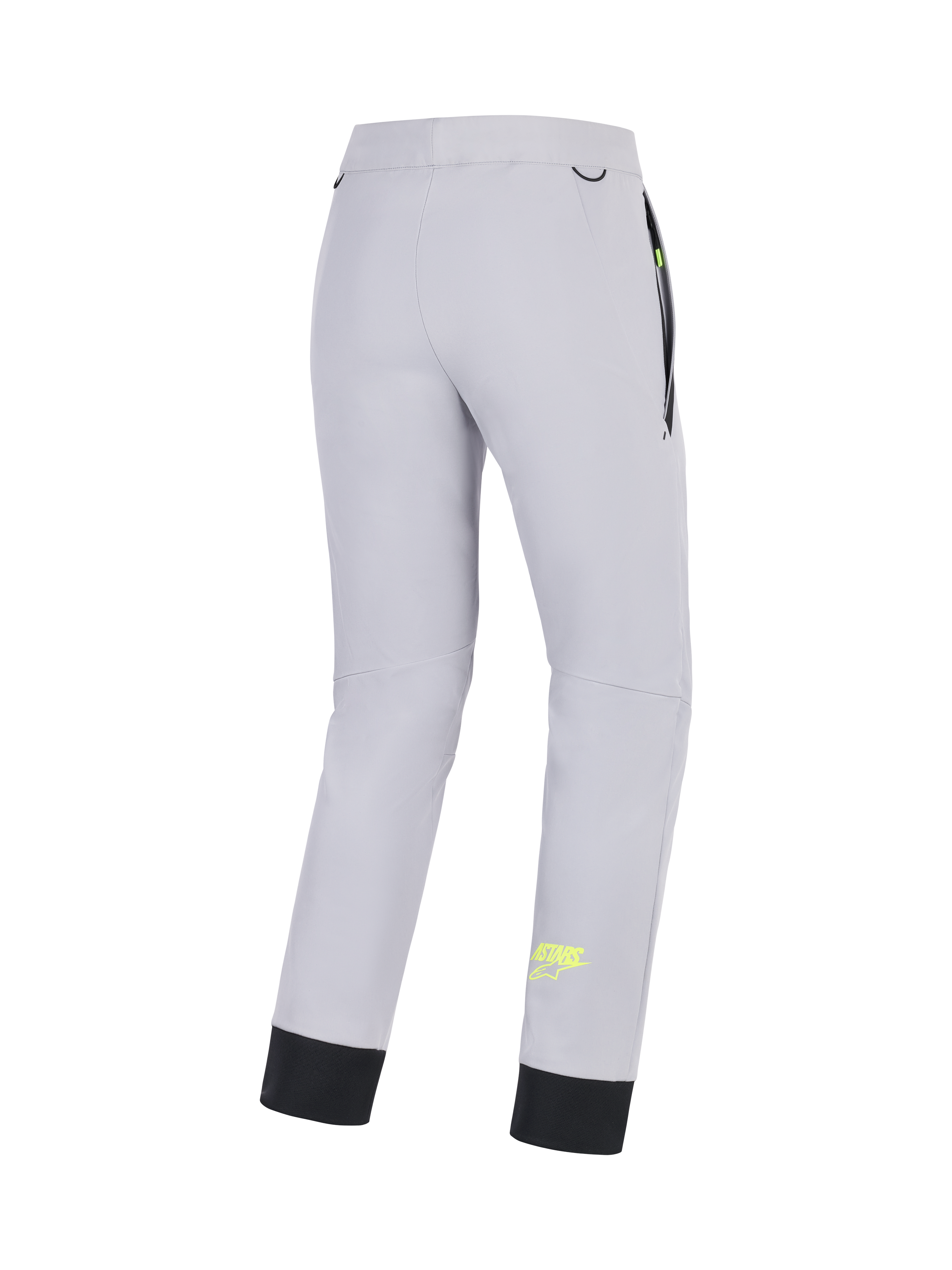 Alpinestars Aeroshell byxor, grå motorcykelbyxor för herr med gula flou-detaljer, baksida som visar stretchkonstruktion och elastisk nedre fåll