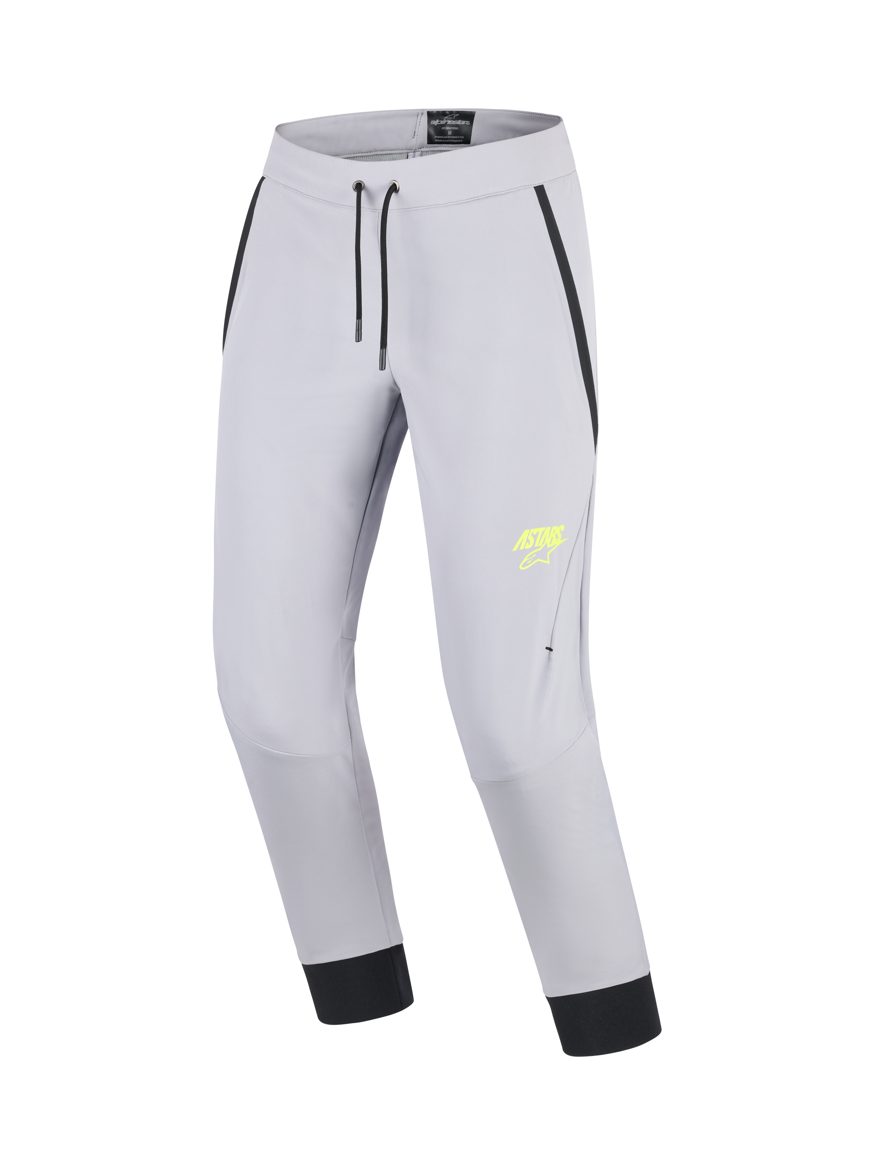 Alpinestars Aeroshell Byxor, motorcykelbyxor i grått och gult med stretchsoftshell, förböjda knän och elastisk midja med dragsko