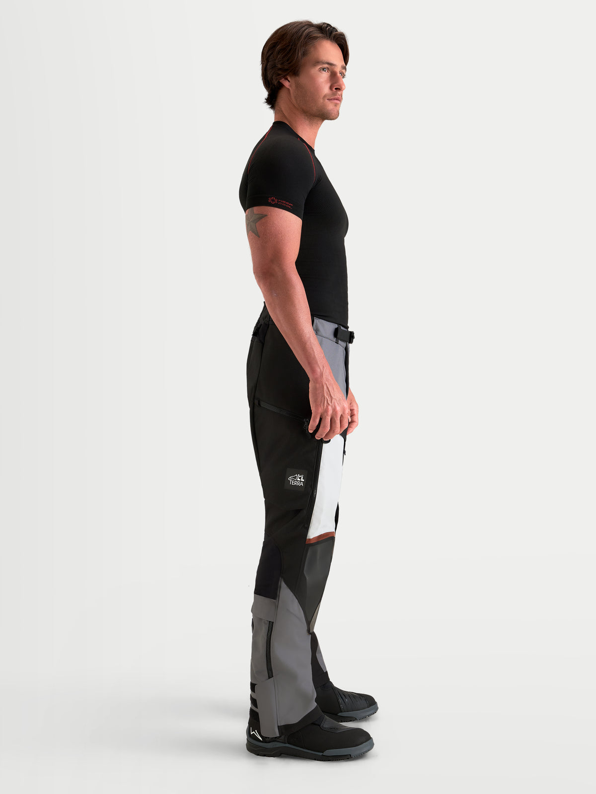 Alpinestars Harok V2 Drystar Pants, Men's Adventure Motorcycle Pants, Dark Gray, Ice Gray and Black, CE certified with waterproof ripstop construction and direct ventilation, worn by a model