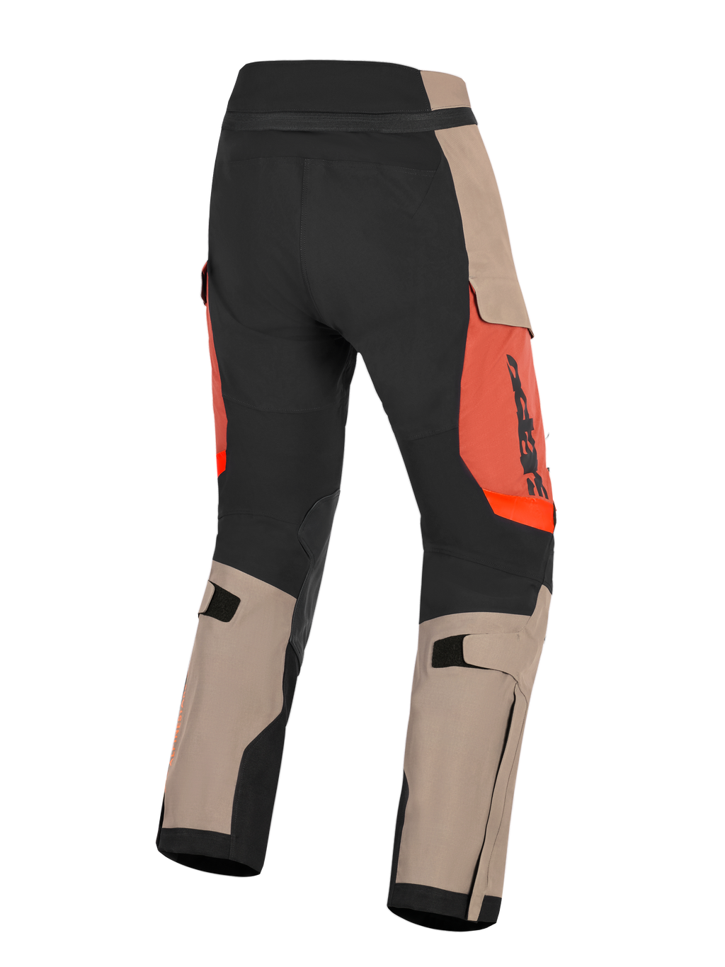 Alpinestars Halo Pro Drystar® XF laminerade byxor, Walnut Rust Black, vy bakifrån av äventyrsmotorcykelbyxor, med valnötsbruna och svarta paneler, rostorange detaljer, justerbara vadremmar och hållbar konstruktion för terrängkörning