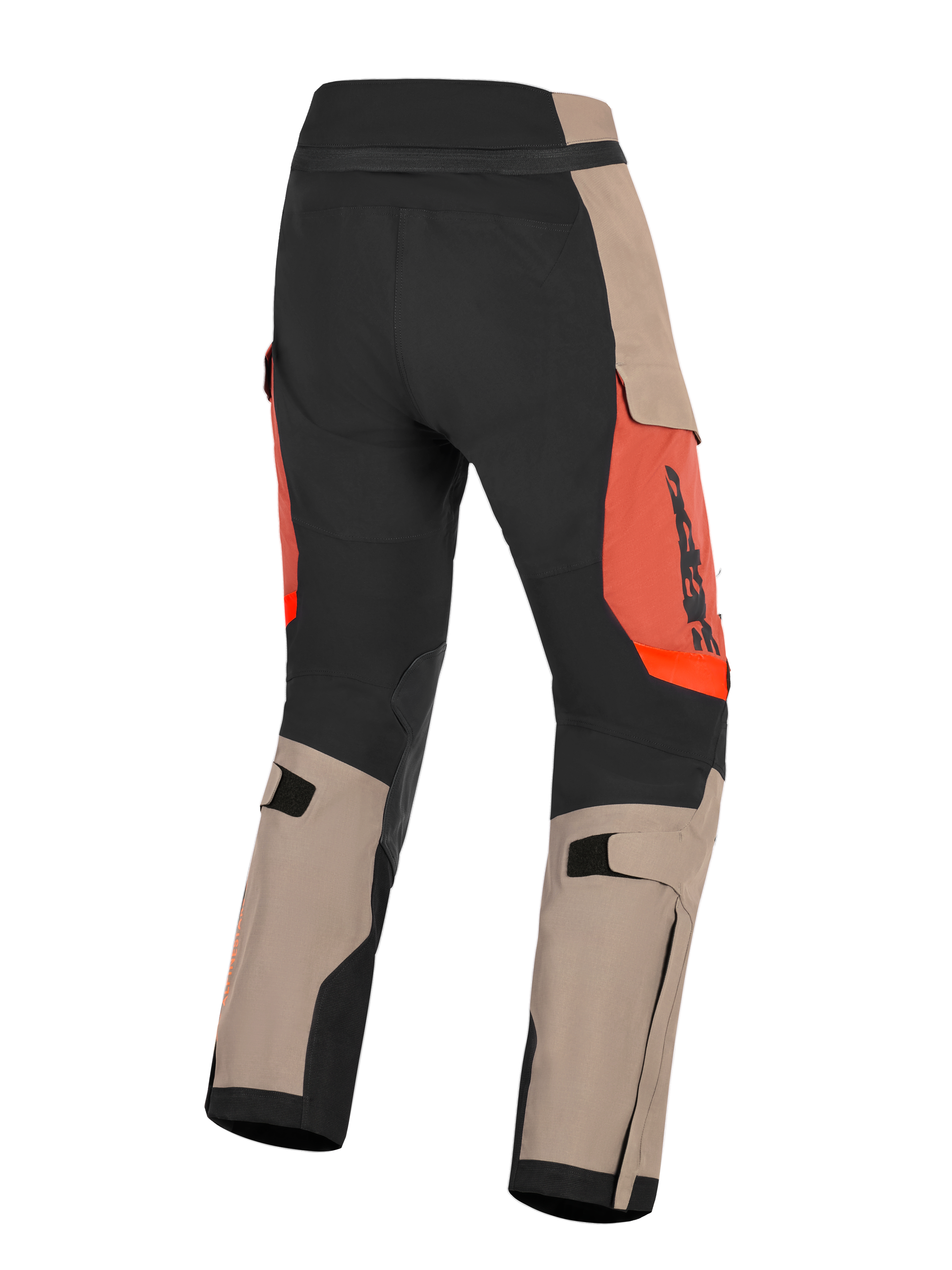 Alpinestars Halo Pro Drystar® XF laminerade byxor, Walnut Rust Black, vy bakifrån av äventyrsmotorcykelbyxor, med valnötsbruna och svarta paneler, rostorange detaljer, justerbara vadremmar och hållbar konstruktion för terrängkörning