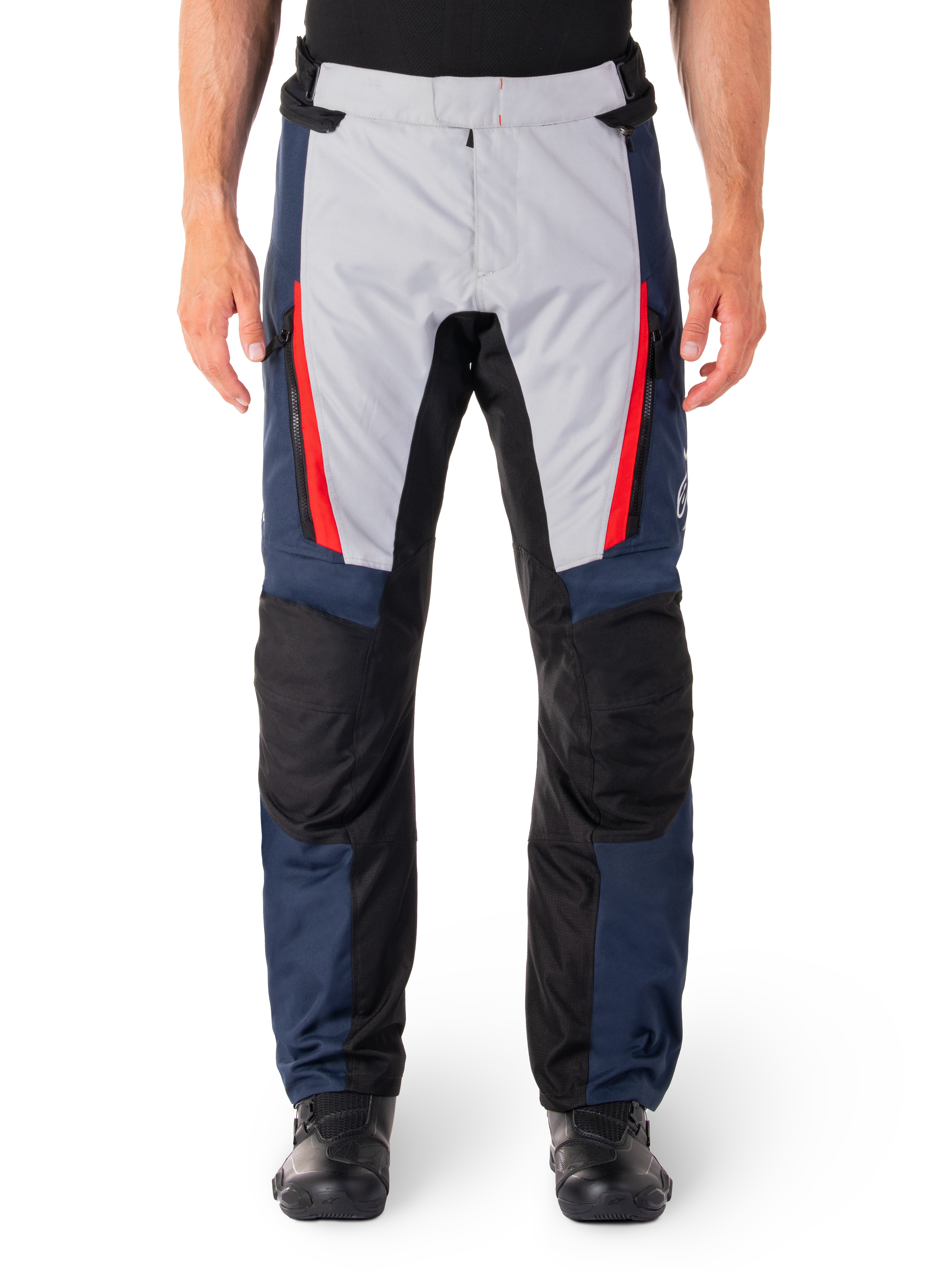 Alpinestars ST-1 Waterproof Pants, Motorcycle Touring Pants, Dark Blue and Light Gray with Bright Red Accents, Black Reinforced Knee Panels, Front View Worn with Black Boots, Waterproof Adventure Touring Gear