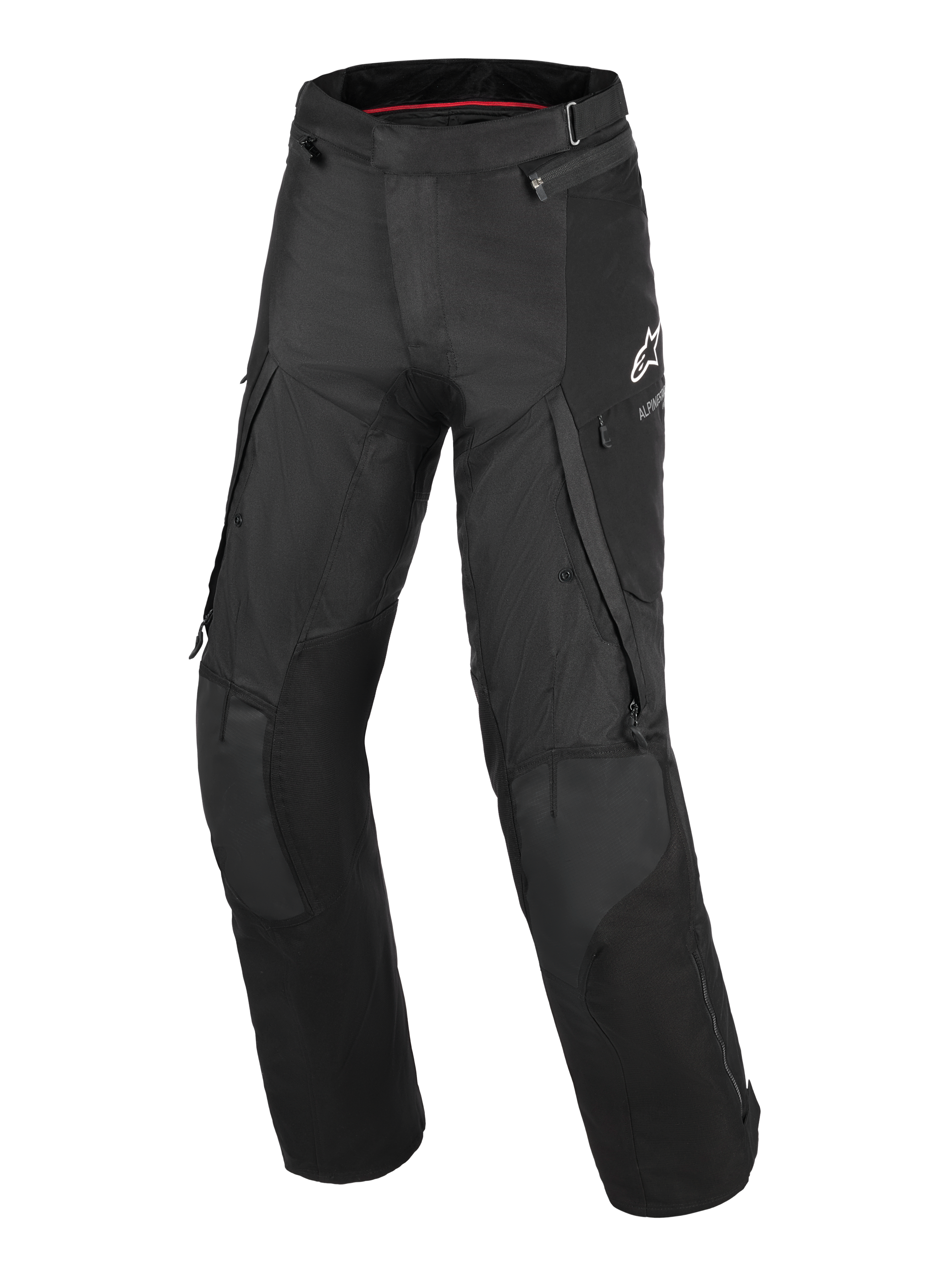 Alpinestars Andes V4 Drystar® Pants, Motorcycle Touring Pants, Black, featuring large cargo pockets, reinforced knee panels, white A-star logo on the hip, and durable textile construction for adventure riding