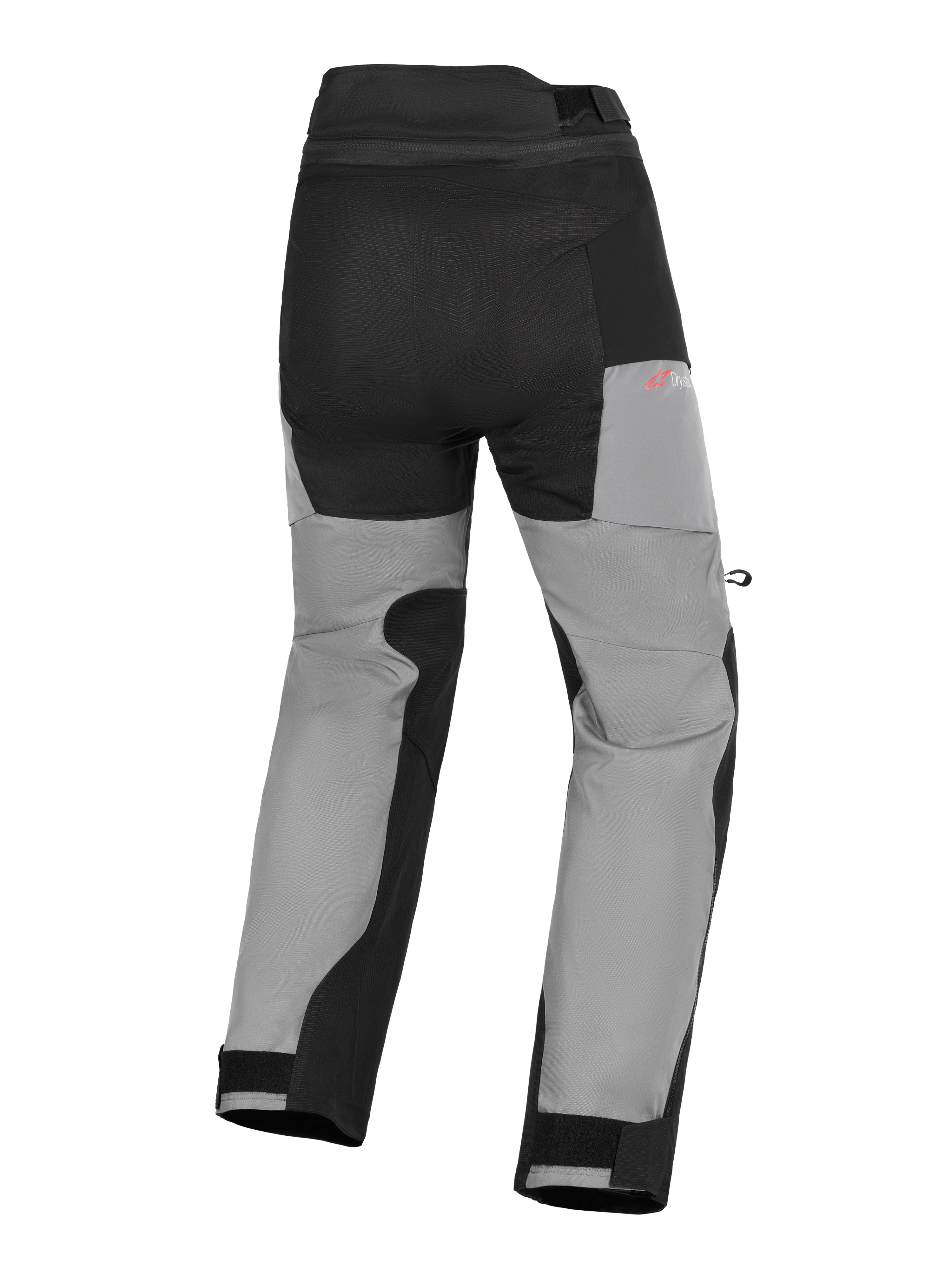 Alpinestars Andes V4 Drystar® byxor, äventyrsmotorcykelbyxor, svarta och mörkgrå, vy bakifrån med förstärkta sittpaneler, röd Drystar-logotyp på höften och justerbara kardborrestängningar vid anklarna.