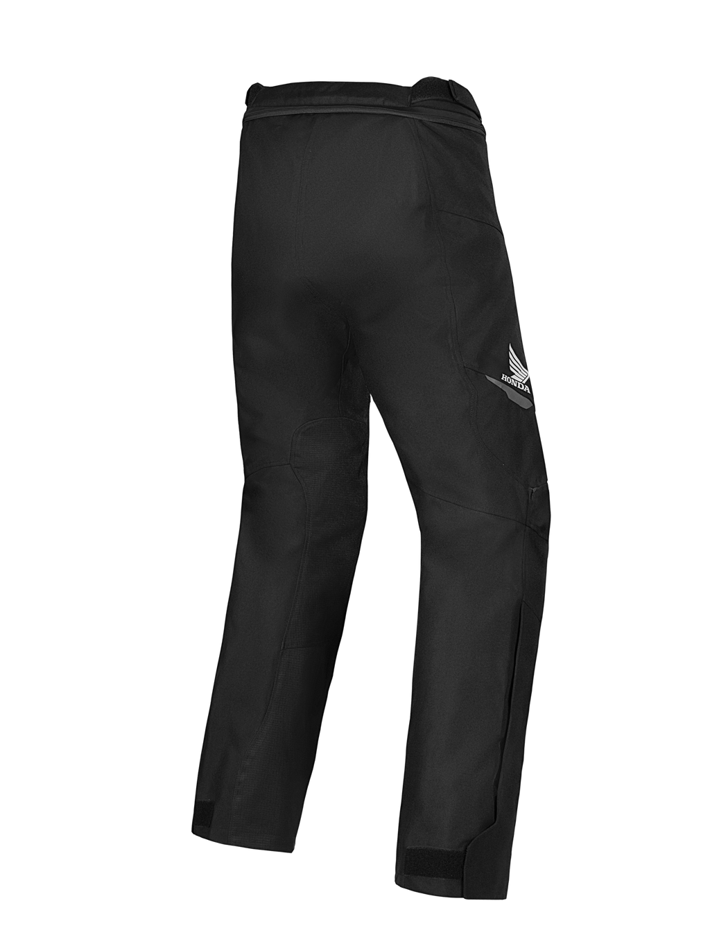 Alpinestars Honda ST-1 Waterproof Pants, touringbyxor för motorcykel, svarta, vy bakifrån som visar Hondas vinglogotyp på låret, strömlinjeformad textildesign med ergonomisk rörlighet och anslutningsdragkedja i midjan.