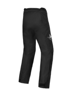 Alpinestars Honda ST-1 Waterproof Pants, touringbyxor för motorcykel, svarta, vy bakifrån som visar Hondas vinglogotyp på låret, strömlinjeformad textildesign med ergonomisk rörlighet och anslutningsdragkedja i midjan.