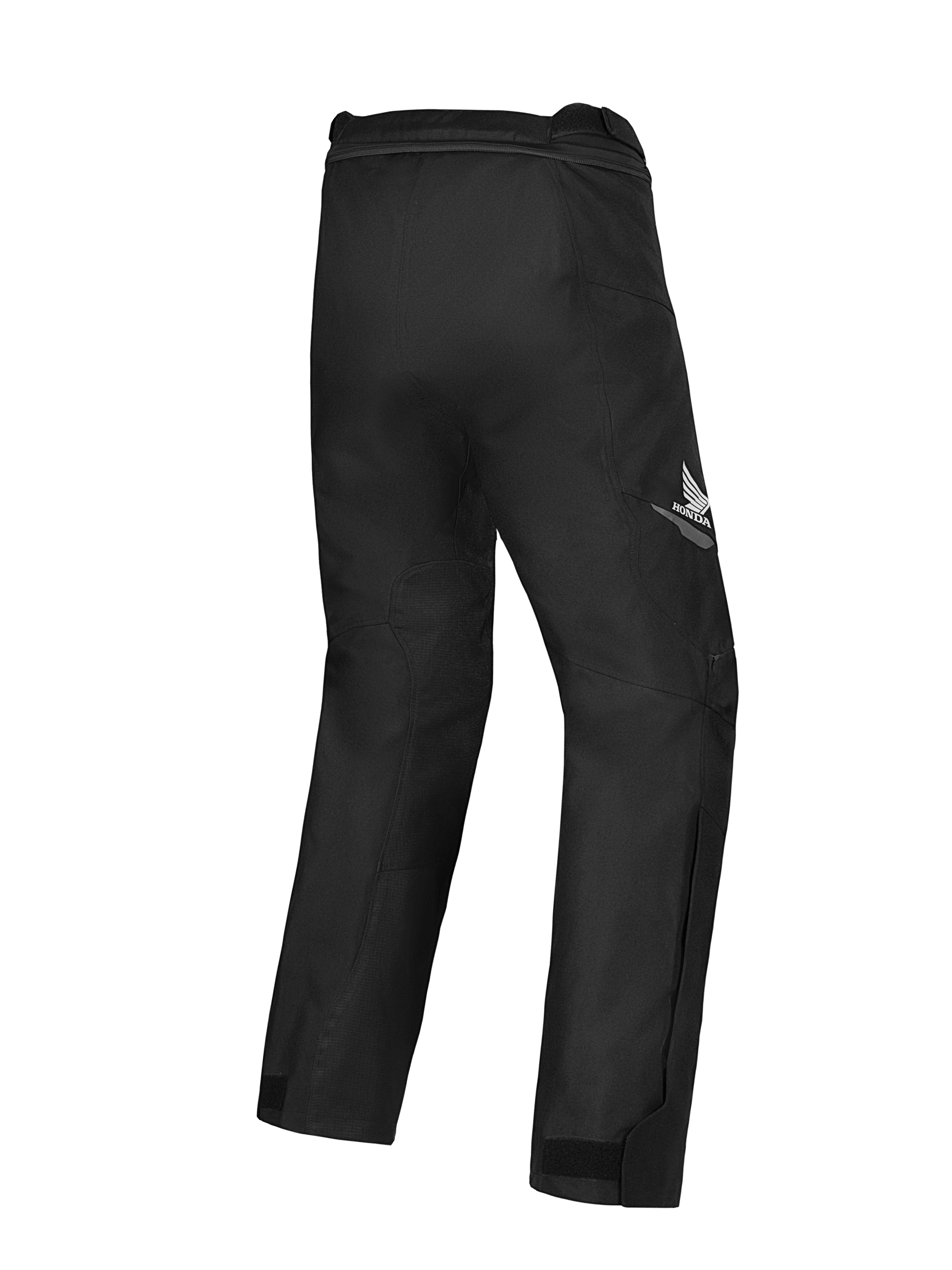 Alpinestars Honda ST-1 Waterproof Pants, touringbyxor för motorcykel, svarta, vy bakifrån som visar Hondas vinglogotyp på låret, strömlinjeformad textildesign med ergonomisk rörlighet och anslutningsdragkedja i midjan.